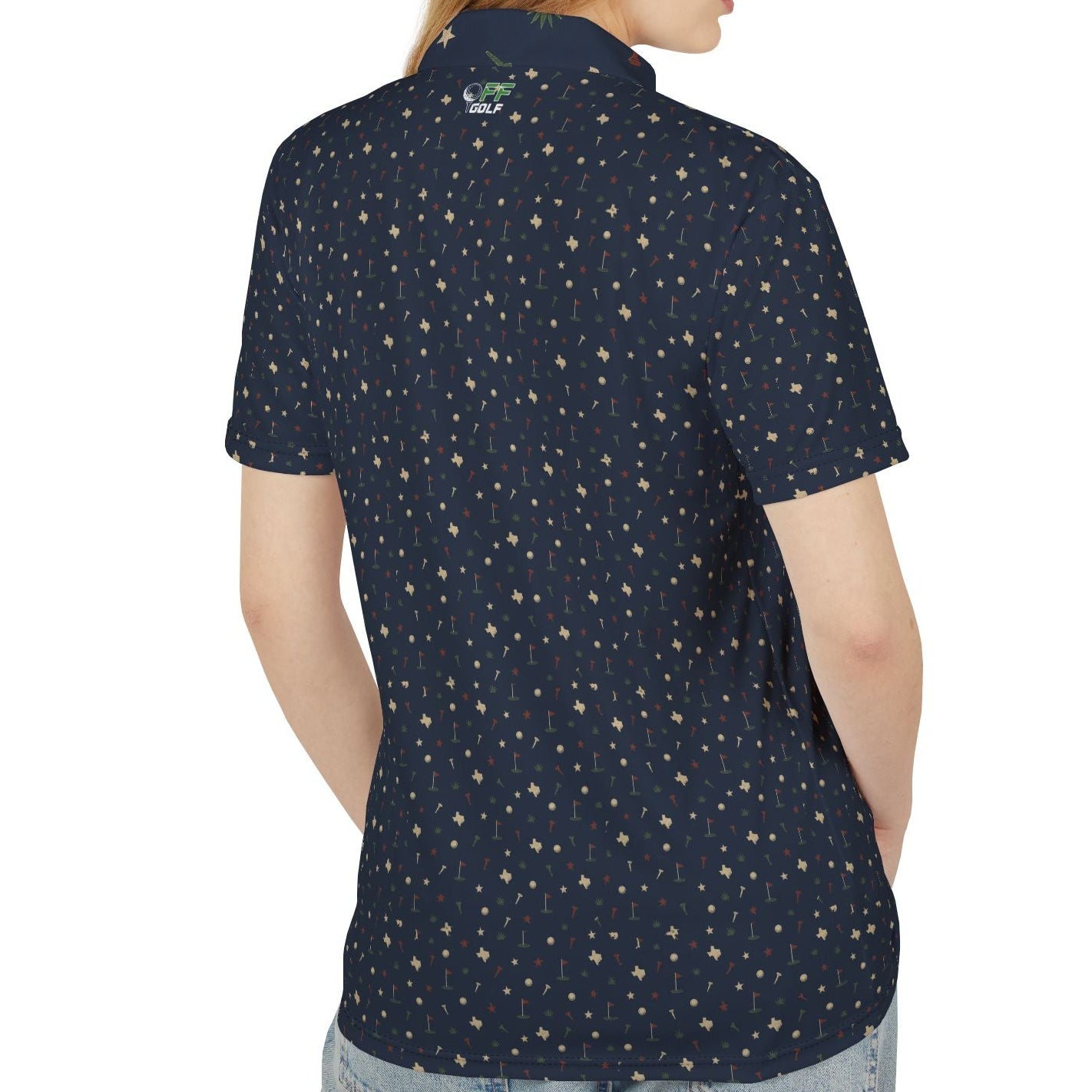Person wearing a navy blue polo shirt on a white background