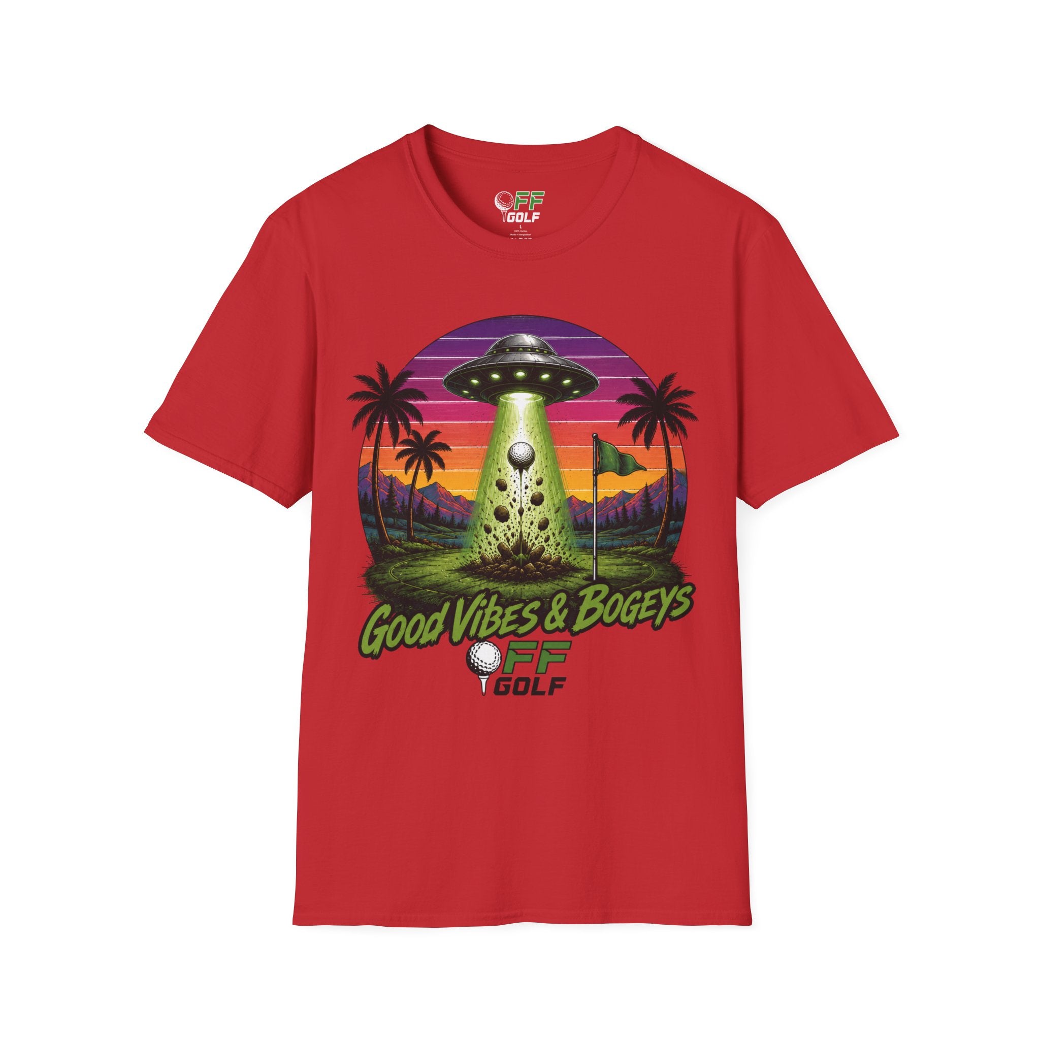 Alien Golf Retro Sunset T-Shirt — "Good Vibes & Bogeys" (16 colors)