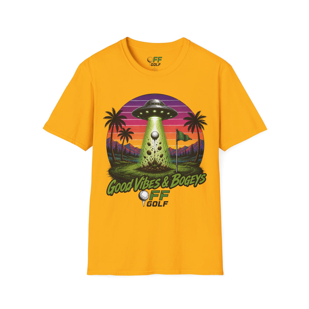Alien Golf Retro Sunset T-Shirt — "Good Vibes & Bogeys" (16 colors)