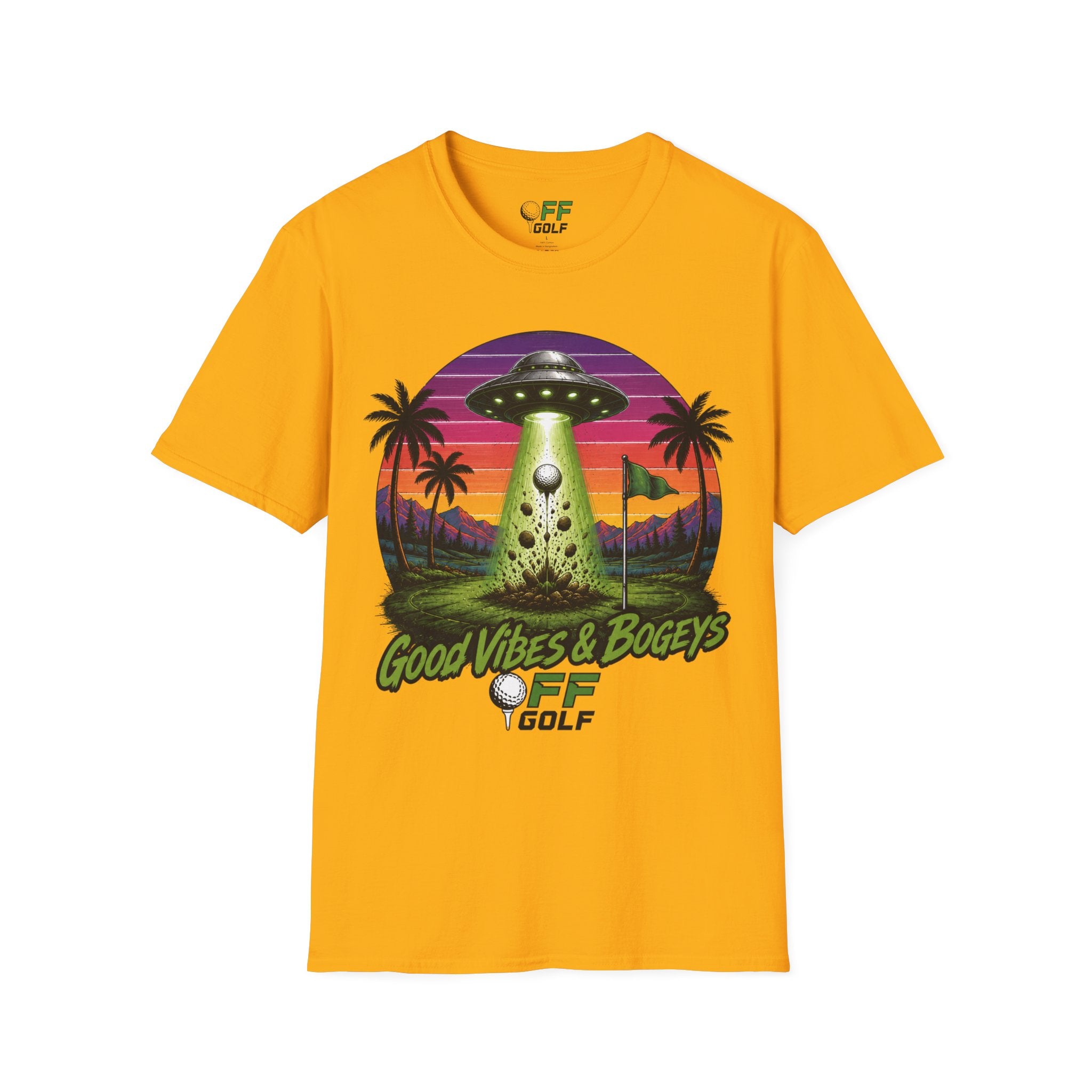 Alien Golf Retro Sunset T-Shirt — "Good Vibes & Bogeys" (16 colors)