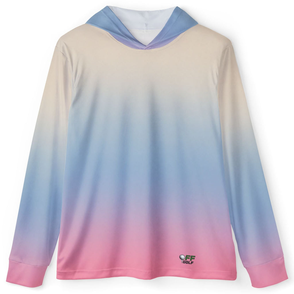 A long-sleeve hooded shirt with a smooth pastel gradient transitioning from cream at the top, through light blue and lavender, to pink at the bottom. A small green and white logo is printed on the lower left hem.