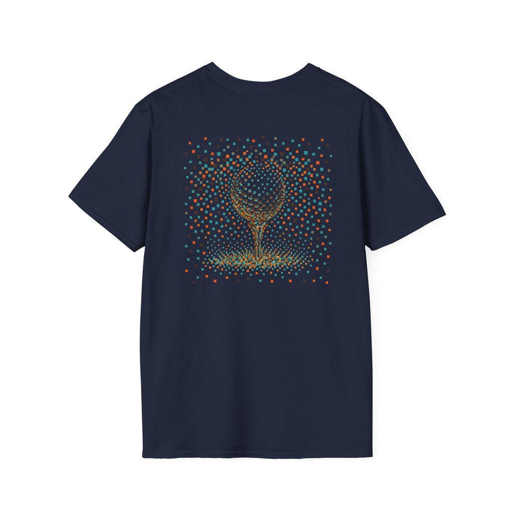 Navy blue t-shirt with white graphic and text on a white background