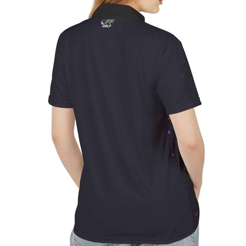 Person wearing a black polo shirt with purple patterns on a white background