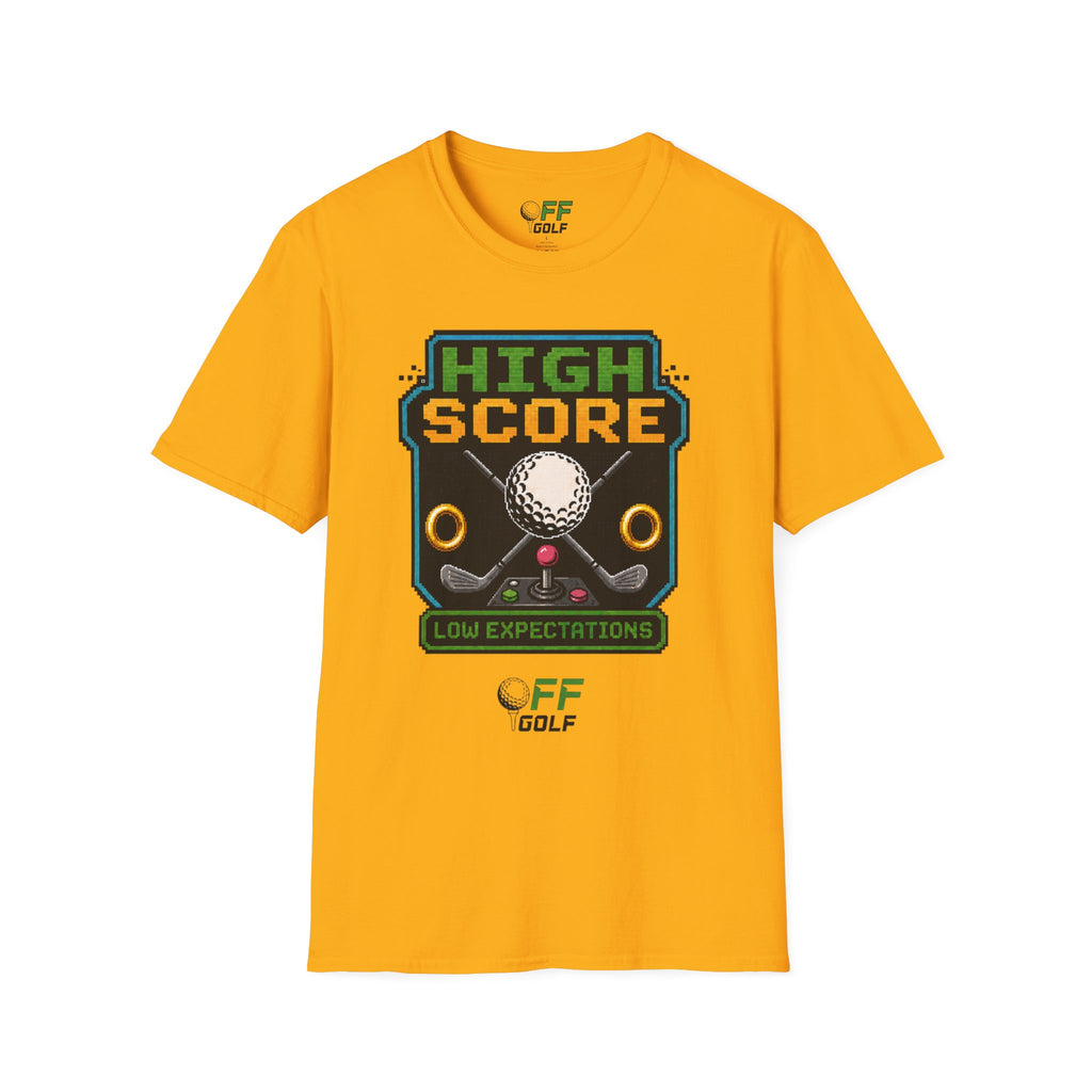 Golf T-Shirt — "High Score" Retro Arcade Pinball Golfing Tee (16 colors)
