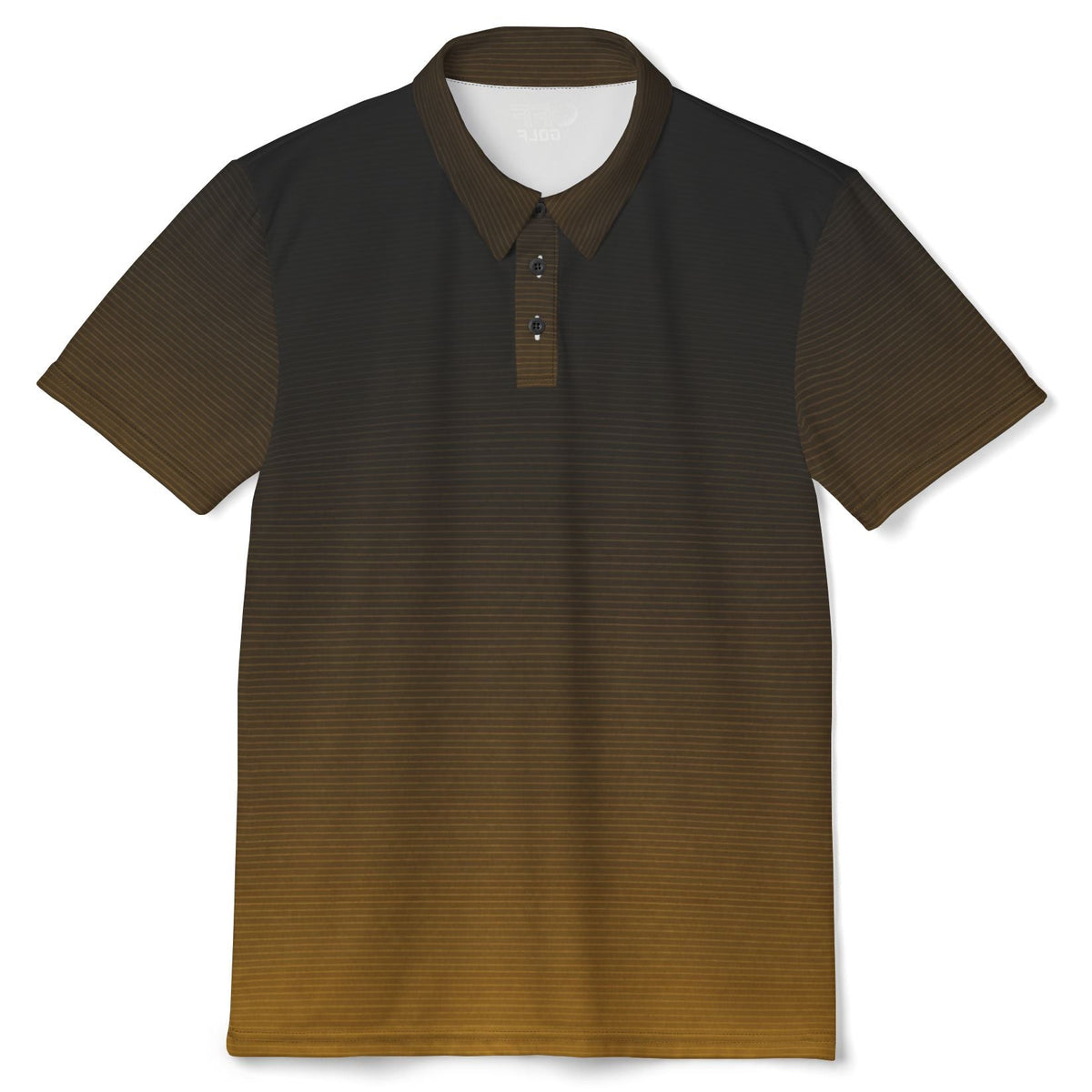 A short-sleeve polo shirt with a vertical gradient design, transitioning from a dark charcoal/black at the top to a warm golden-brown at the bottom. The sleeves and collar are solid dark brown, and the shirt features a subtle horizontal ribbed texture.
