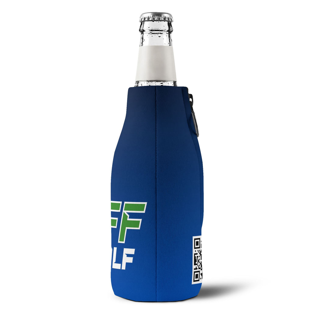 Golf Zip-Up Bottle Cooler Sleeve — Blue Neoprene Can Cooler with Zipper & Keyring (OFF Golf Logo)
