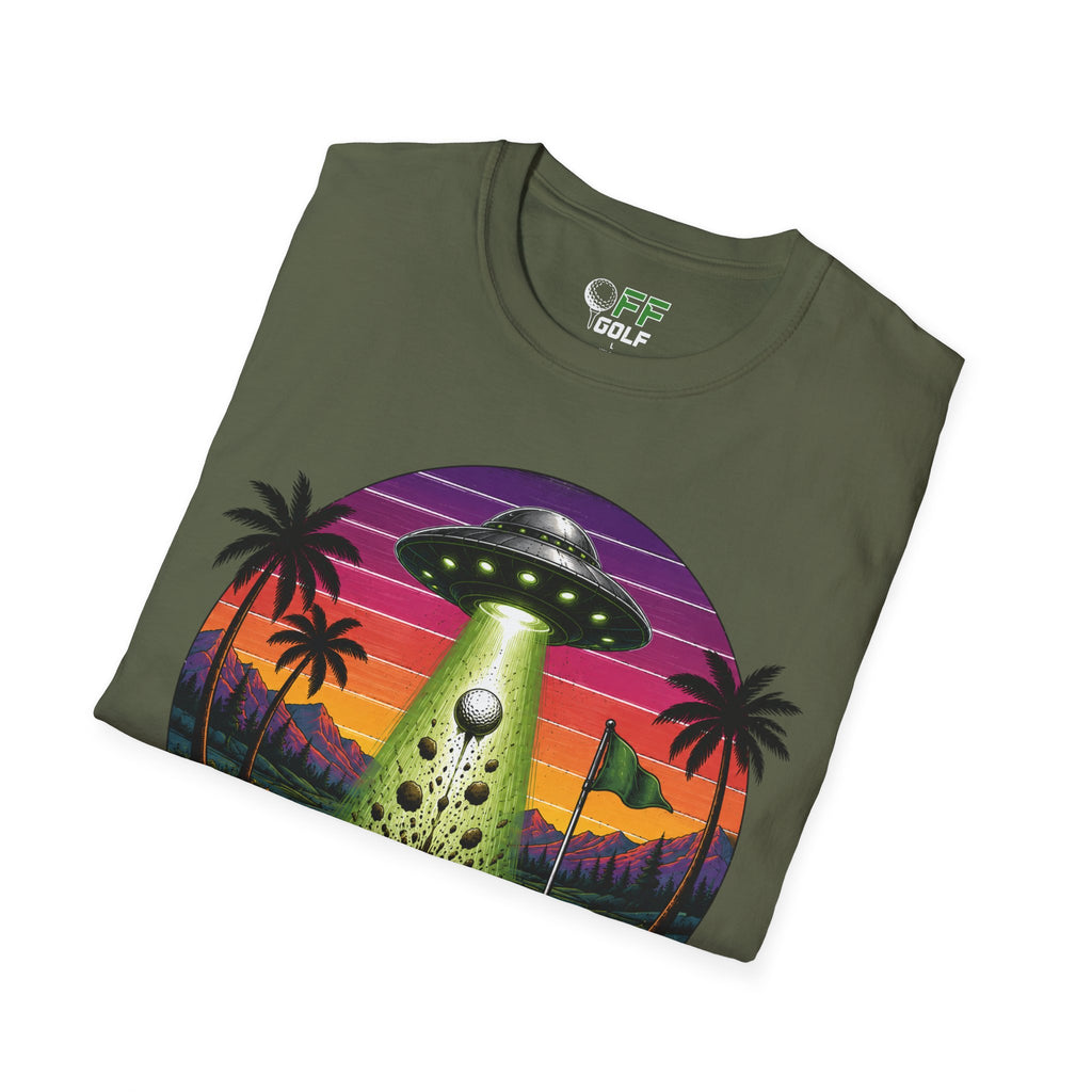Alien Golf Retro Sunset T-Shirt — "Good Vibes & Bogeys" (16 colors)