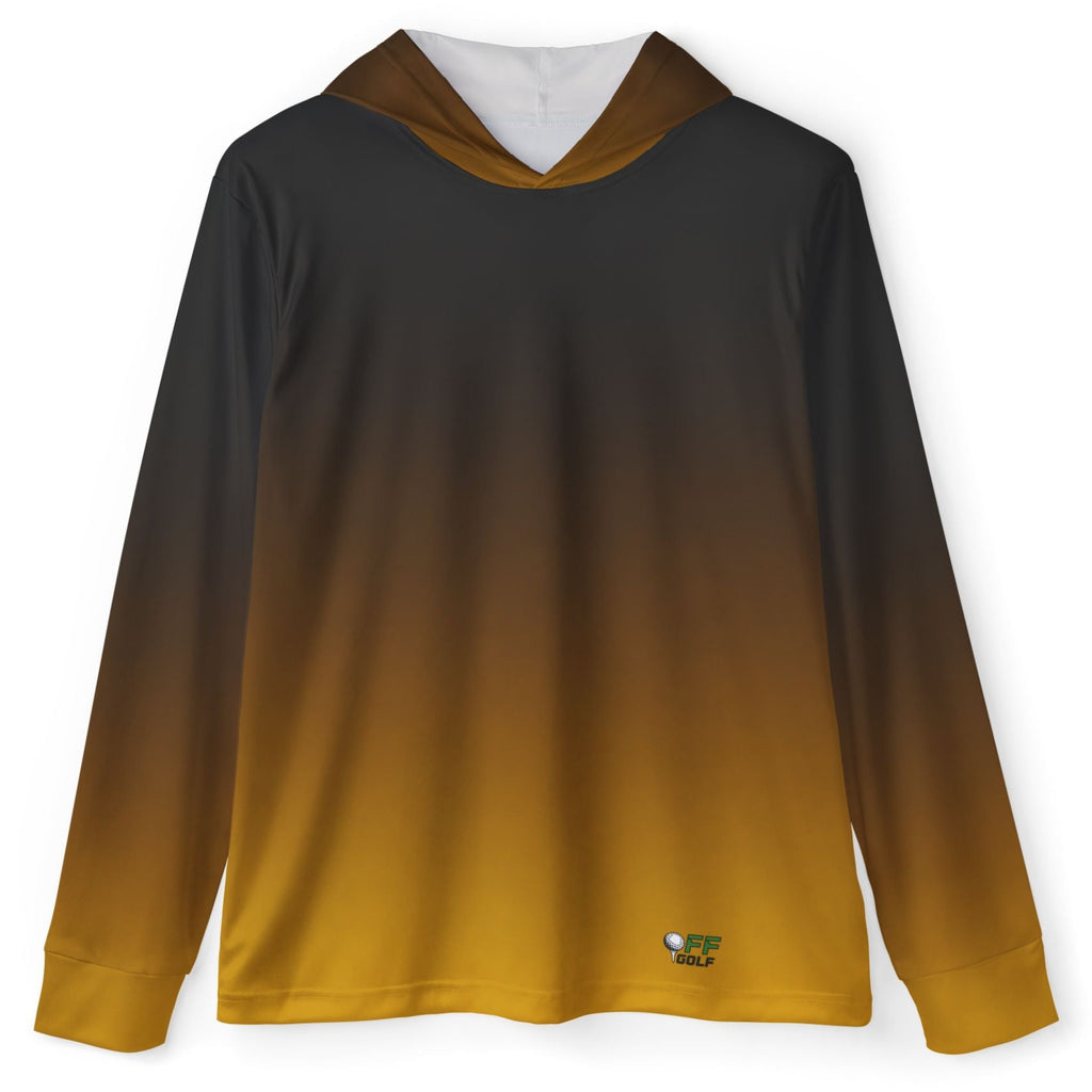 A long-sleeve hooded shirt with a smooth color gradient transitioning from black at the top to a warm mustard yellow at the bottom, displayed on a clean white background.
