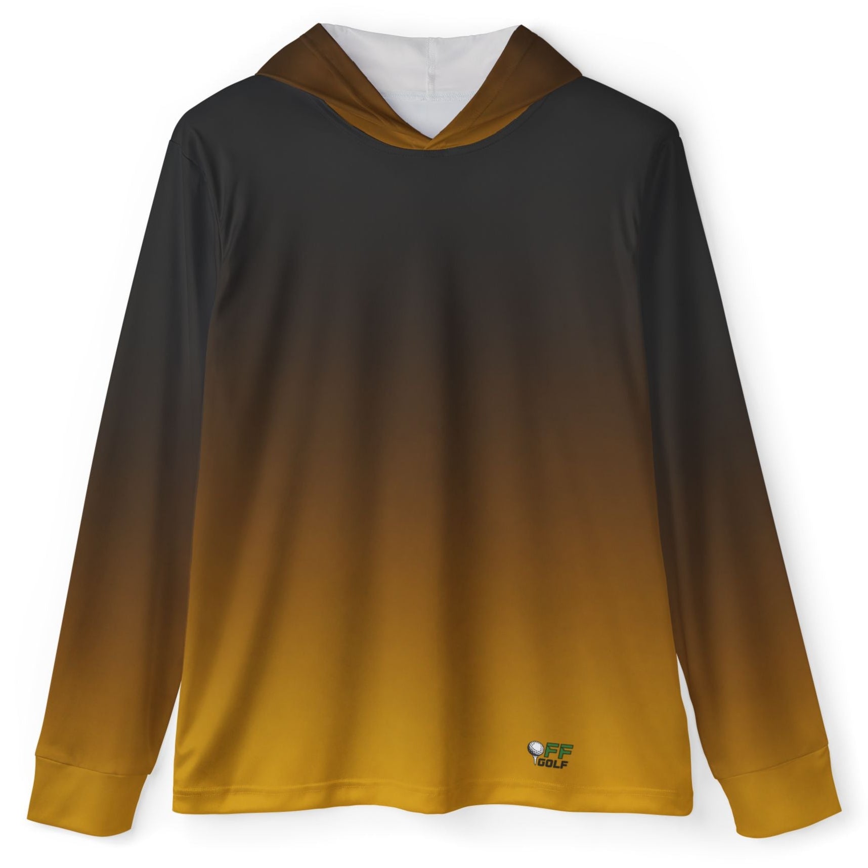A long-sleeve hooded shirt with a smooth color gradient transitioning from black at the top to a warm mustard yellow at the bottom, displayed on a clean white background.