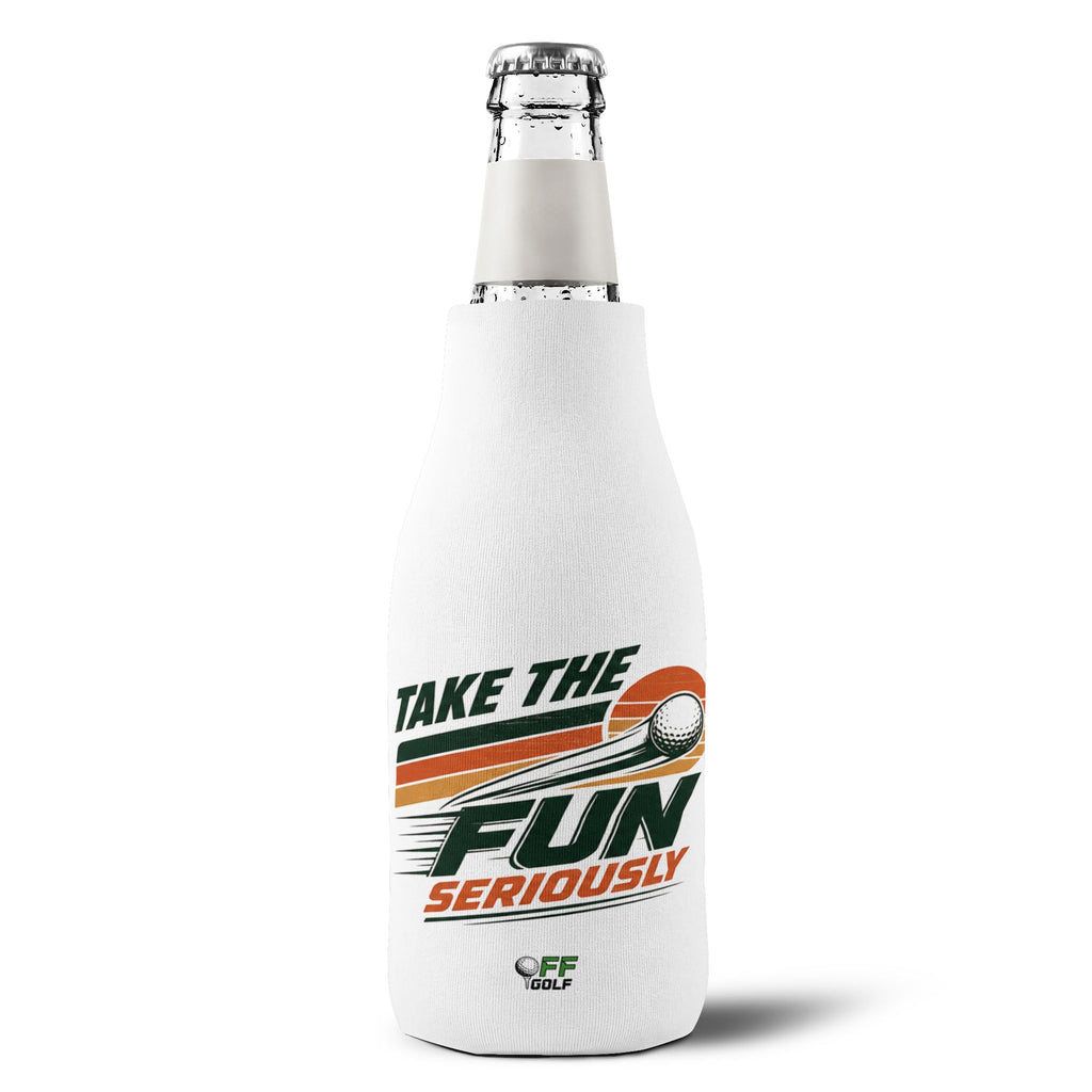 Zip-Up Bottle Cooler Sleeve — "Take the Fun Seriously" Golf Beverage Cooler - White
