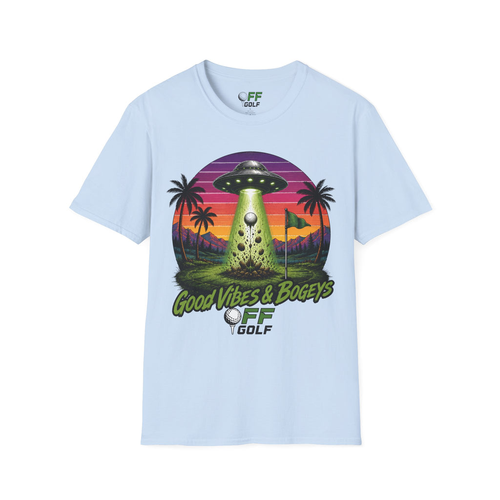 Alien Golf Retro Sunset T-Shirt — "Good Vibes & Bogeys" (16 colors)