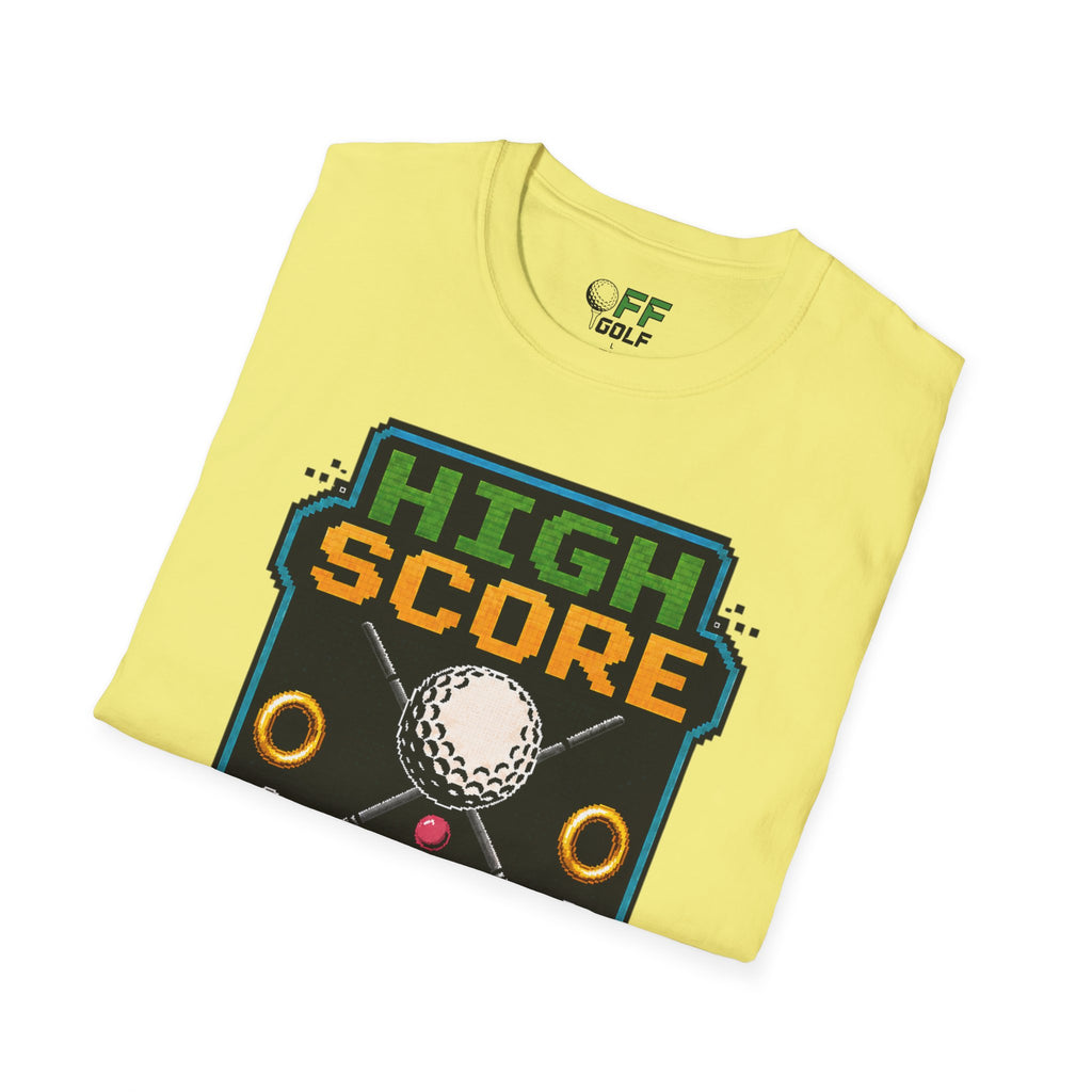 Golf T-Shirt — "High Score" Retro Arcade Pinball Golfing Tee (16 colors)