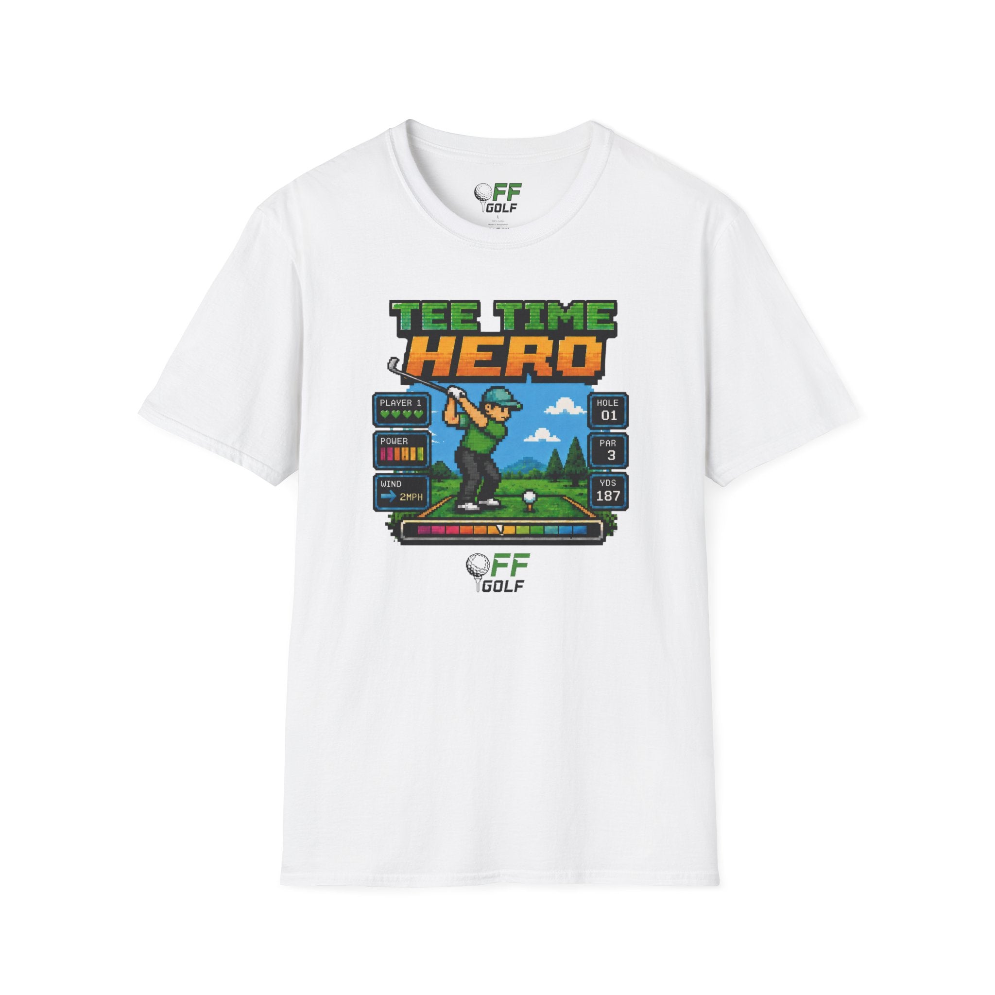 Golf T-Shirt — "Tee Time Hero" Pixel Golfing Tee (16 colors)