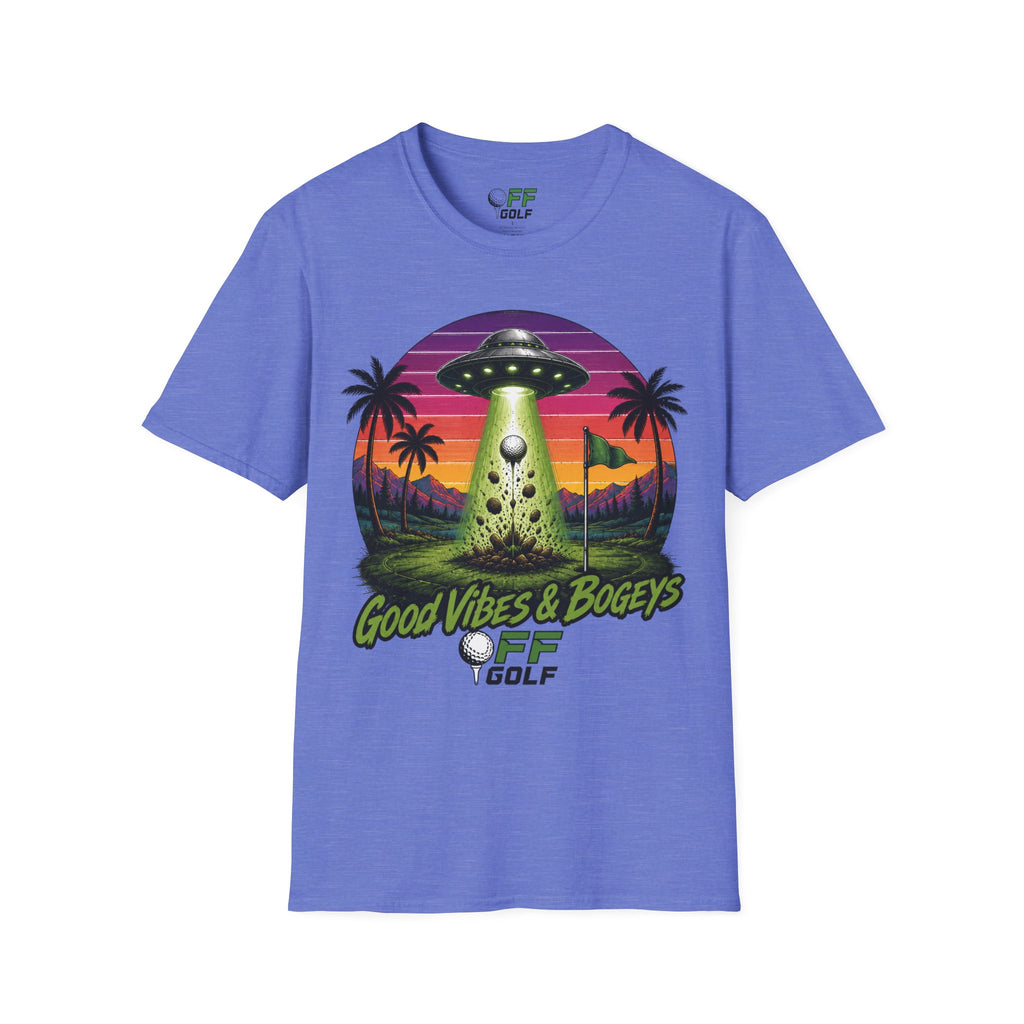 Alien Golf Retro Sunset T-Shirt — "Good Vibes & Bogeys" (16 colors)