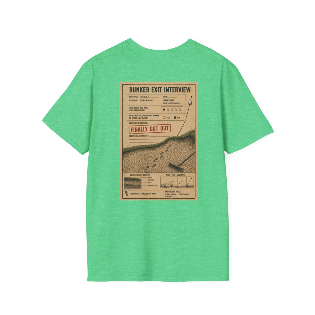 Bunker Exit Interview T-Shirt — Minimal Badge Graphic Tee (16 Colors)