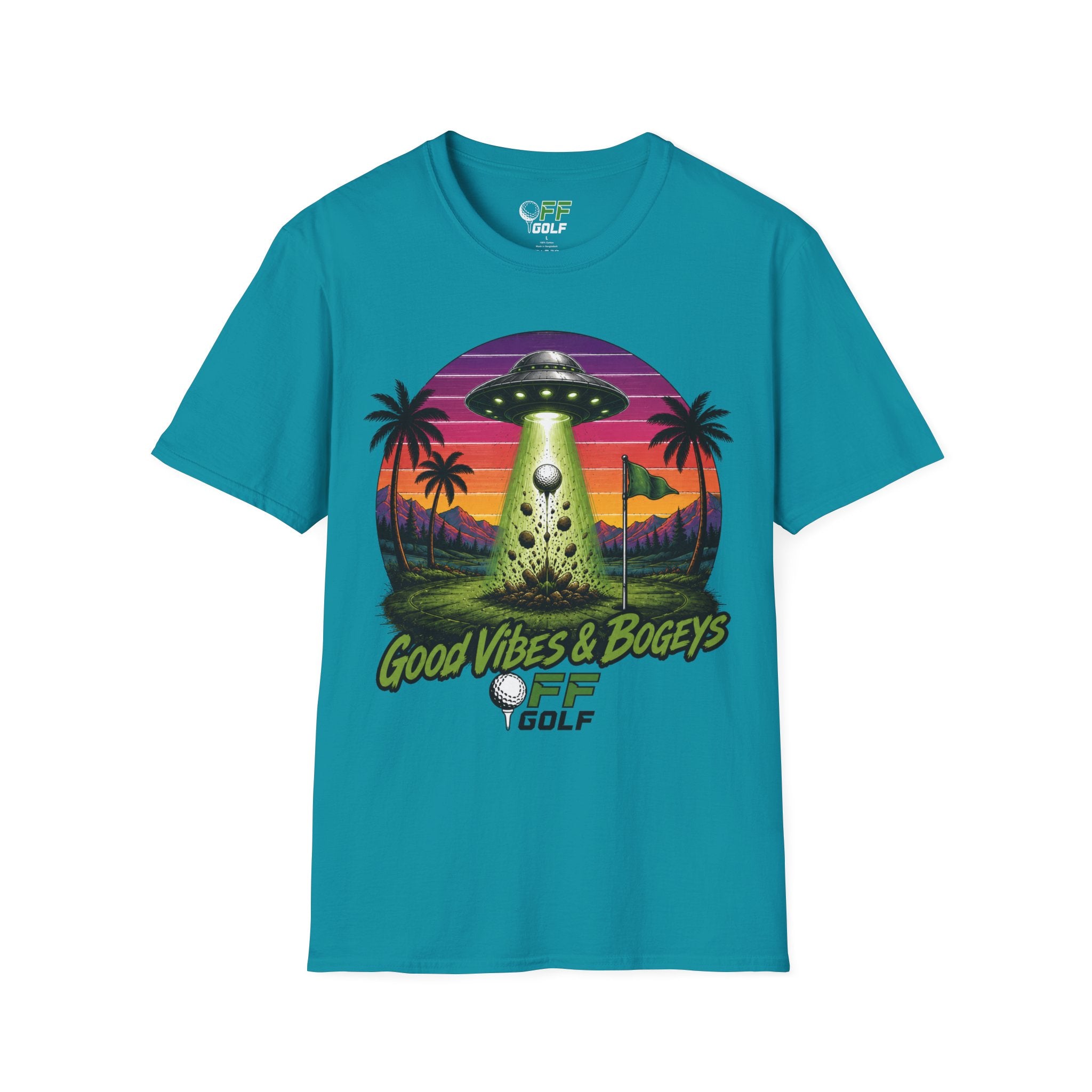 Alien Golf Retro Sunset T-Shirt — "Good Vibes & Bogeys" (16 colors)