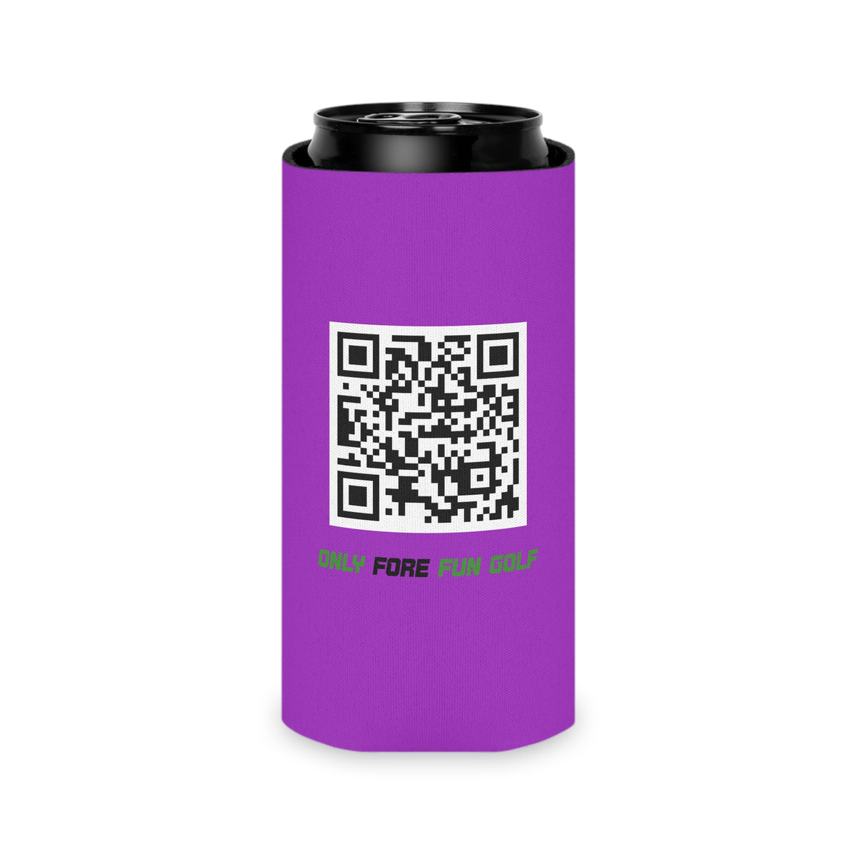 Regular and Slim Can Cooler — "Only Fore Fun Golf" QR Code Beverage Cooler - Purple