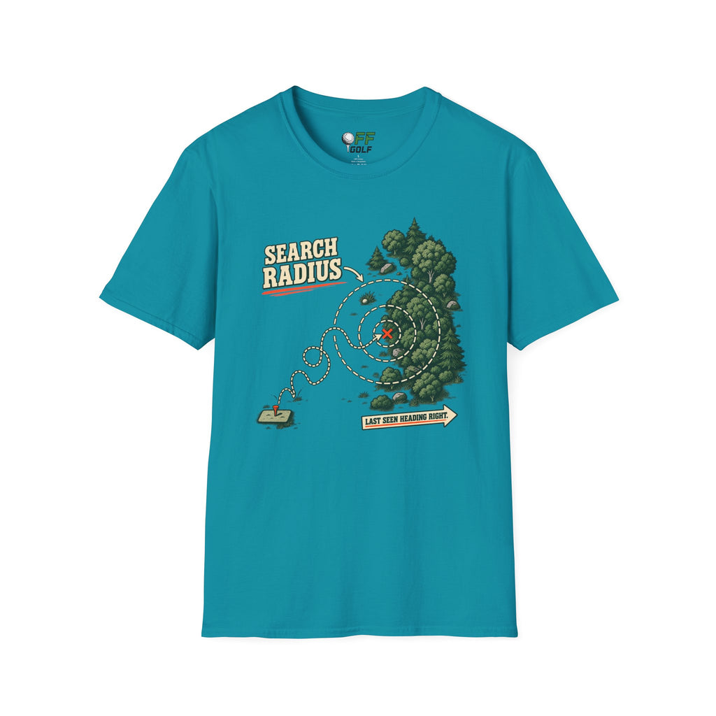 Golf Search Radius T-Shirt — Funny Golf Course Map Design (16 Colors)