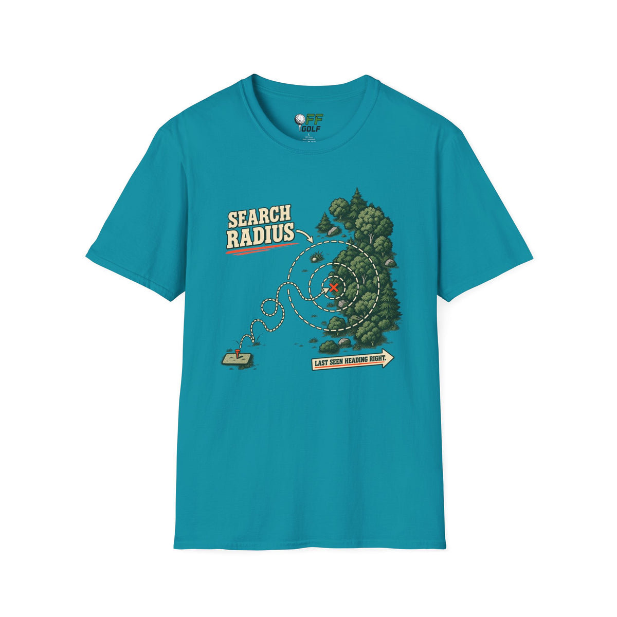 Golf Search Radius T-Shirt — Funny Golf Course Map Design (16 Colors)