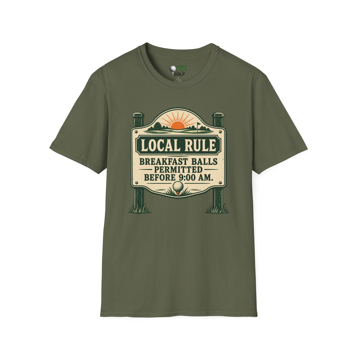 Local Rule T-Shirt — "Breakfast Balls Permitted Before 9:00 AM" Vintage Golf Sign Tee (16 Colors)