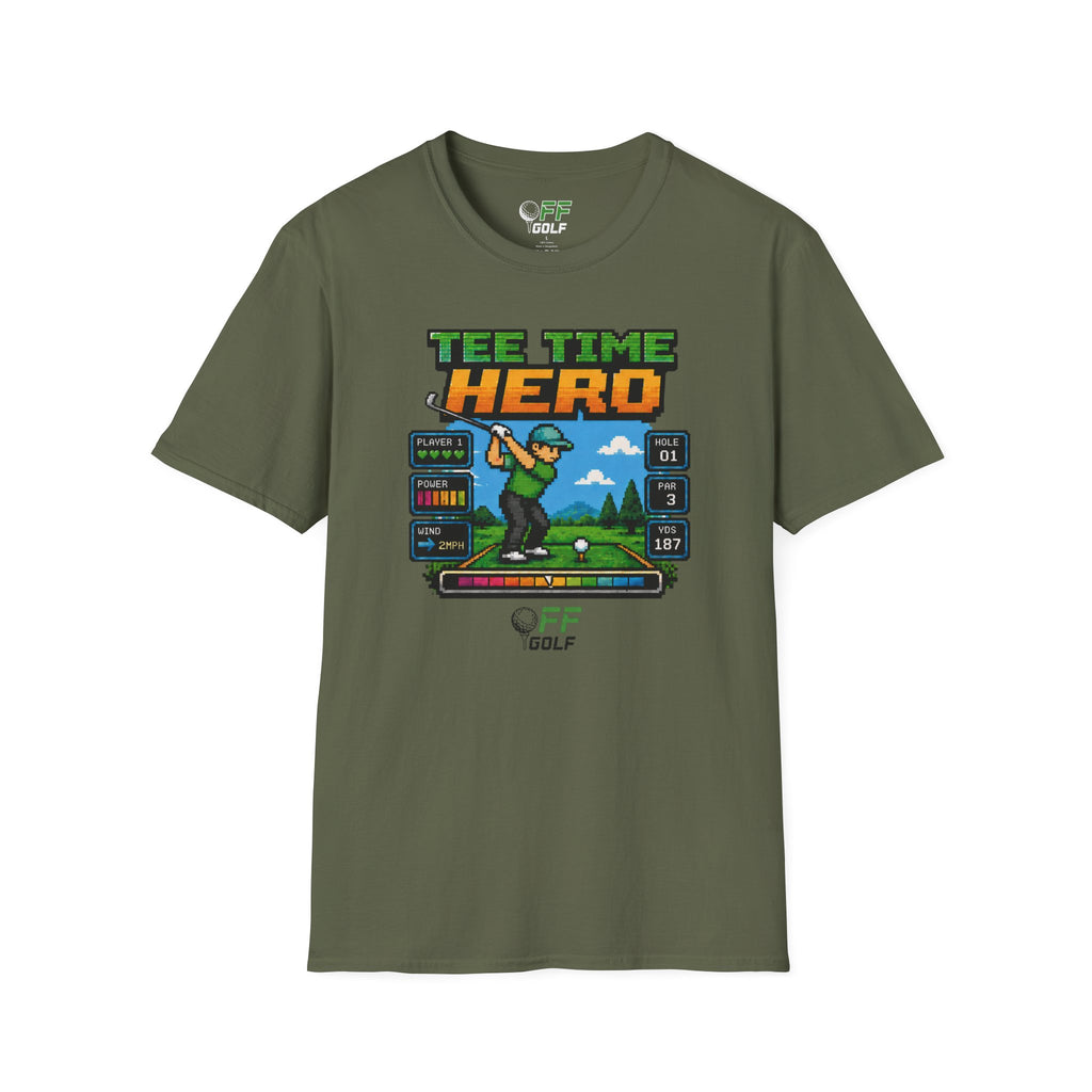 Golf T-Shirt — "Tee Time Hero" Pixel Golfing Tee (16 colors)