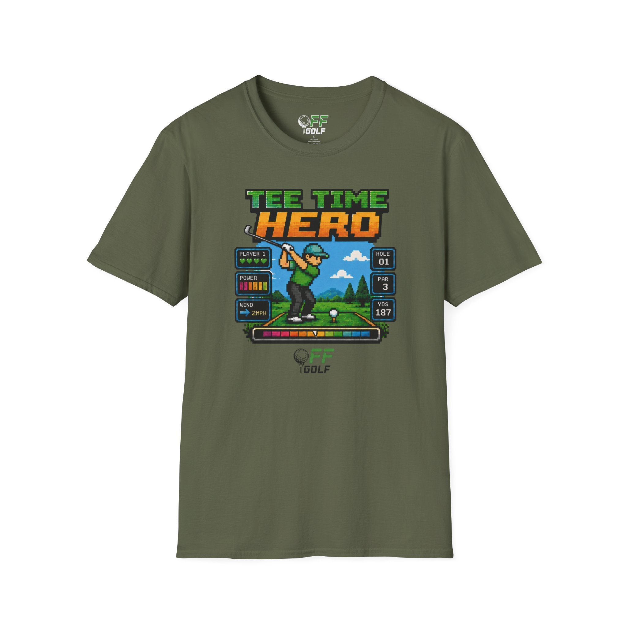 Golf T-Shirt — "Tee Time Hero" Pixel Golfing Tee (16 colors)