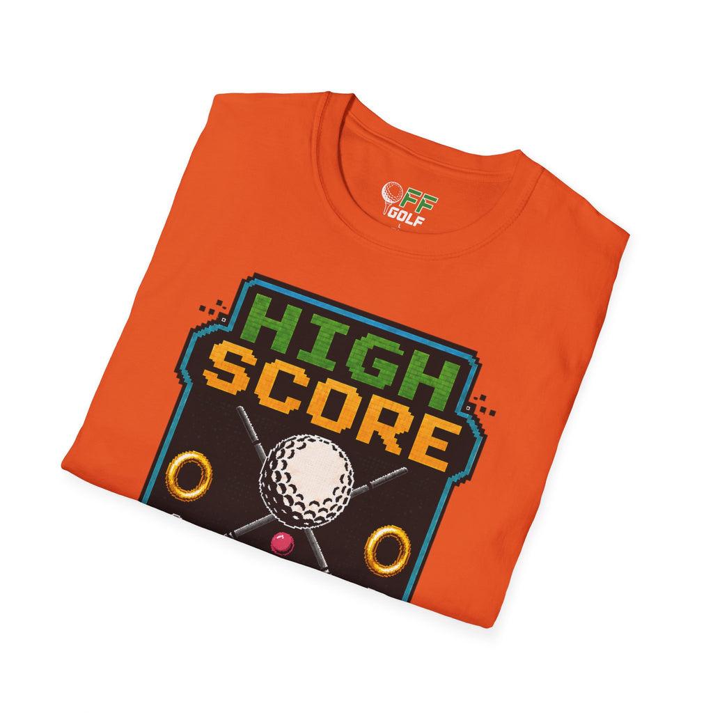Golf T-Shirt — "High Score" Retro Arcade Pinball Golfing Tee (16 colors)