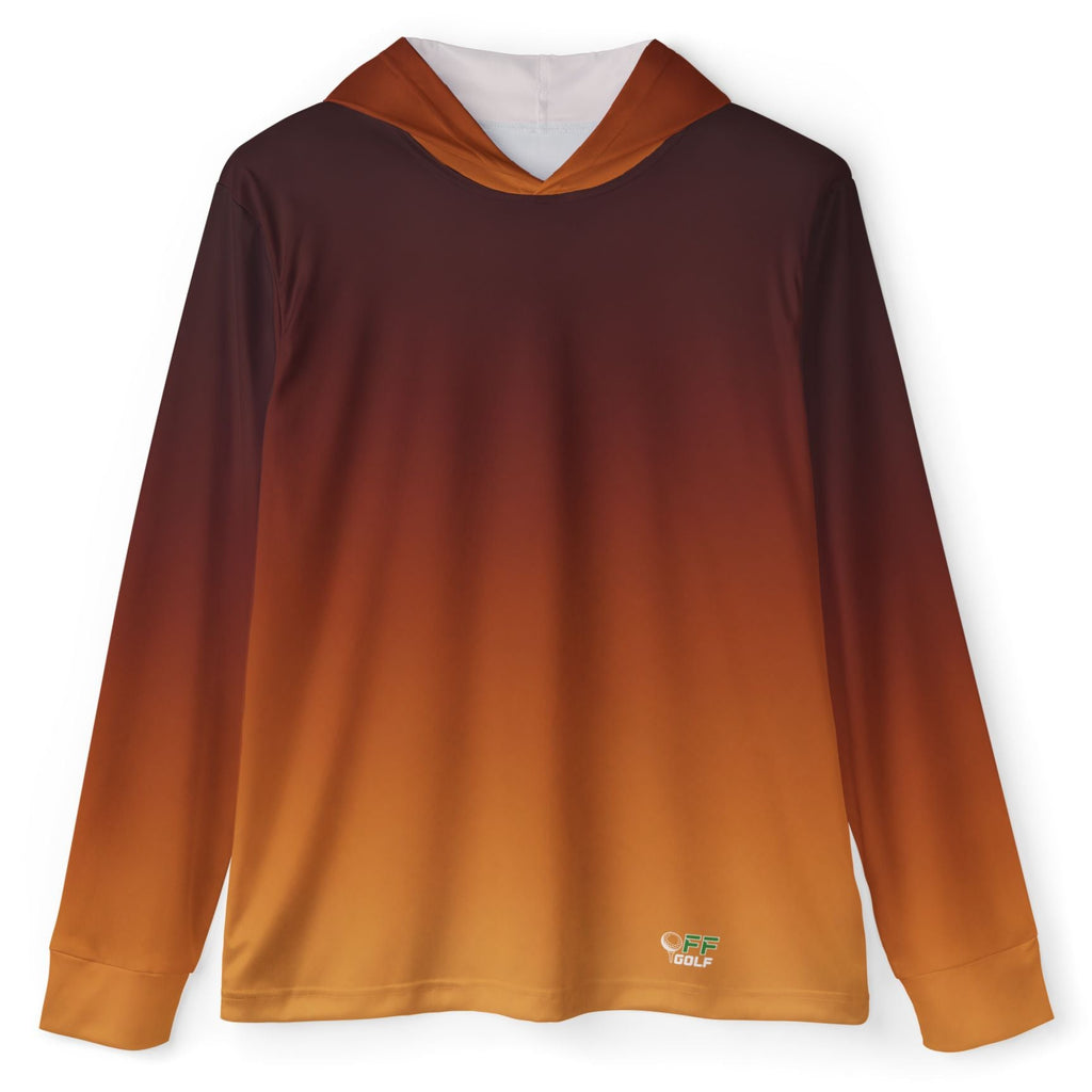A long-sleeve hooded shirt with a smooth vertical gradient transitioning from dark reddish-brown at the top to warm orange and golden yellow at the bottom. A small white and green logo is printed near the lower left hem.