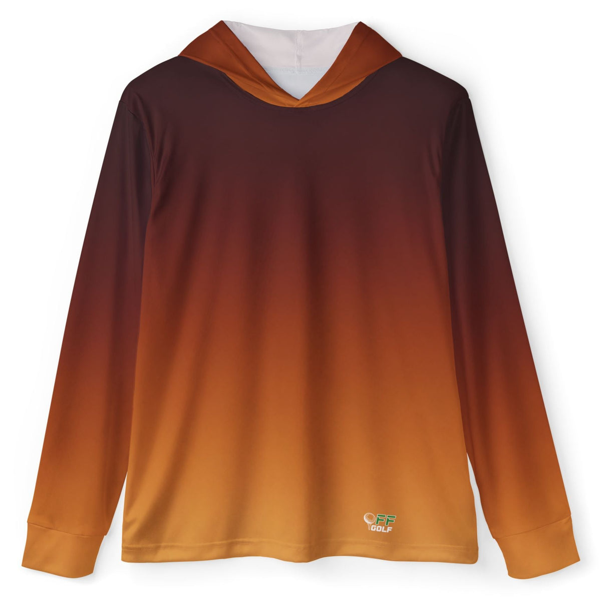 A long-sleeve hooded shirt with a smooth vertical gradient transitioning from dark reddish-brown at the top to warm orange and golden yellow at the bottom. A small white and green logo is printed near the lower left hem.