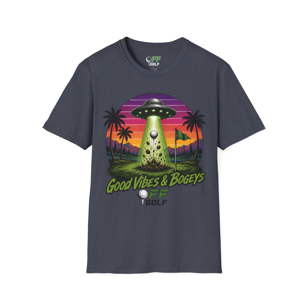 Alien Golf Retro Sunset T-Shirt — "Good Vibes & Bogeys" (16 colors)