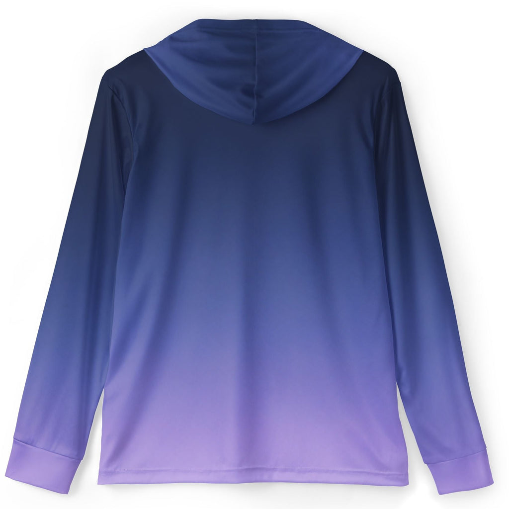 A long-sleeve hooded top shown from the back, featuring a smooth color gradient that transitions from dark navy blue at the top to light purple at the bottom, displayed on a clean white background.