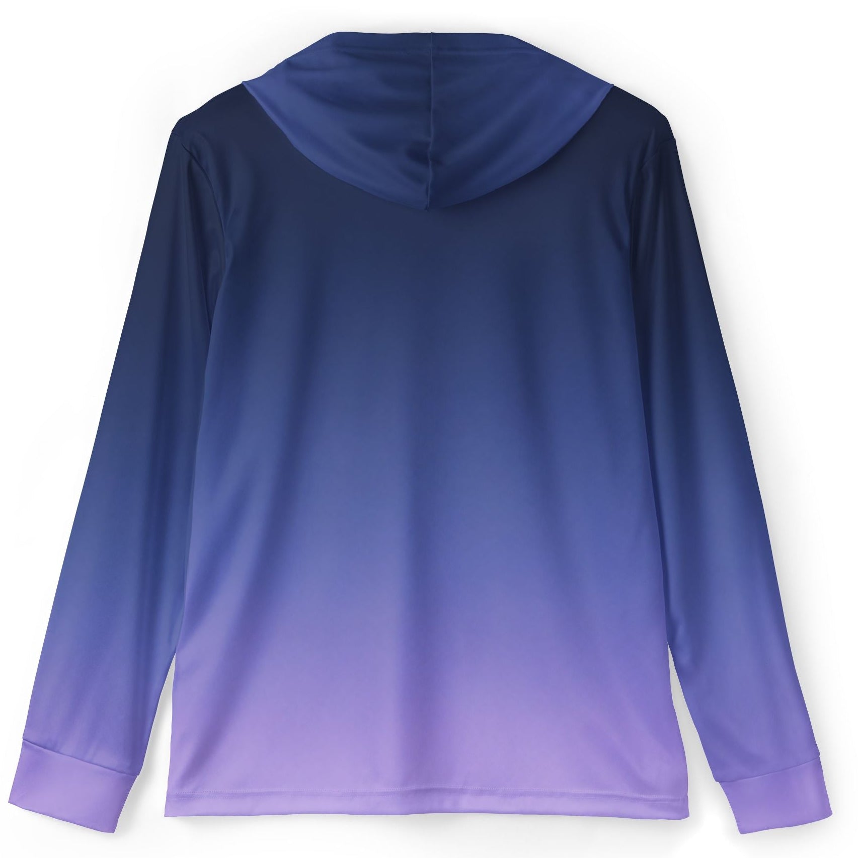 A long-sleeve hooded top shown from the back, featuring a smooth color gradient that transitions from dark navy blue at the top to light purple at the bottom, displayed on a clean white background.