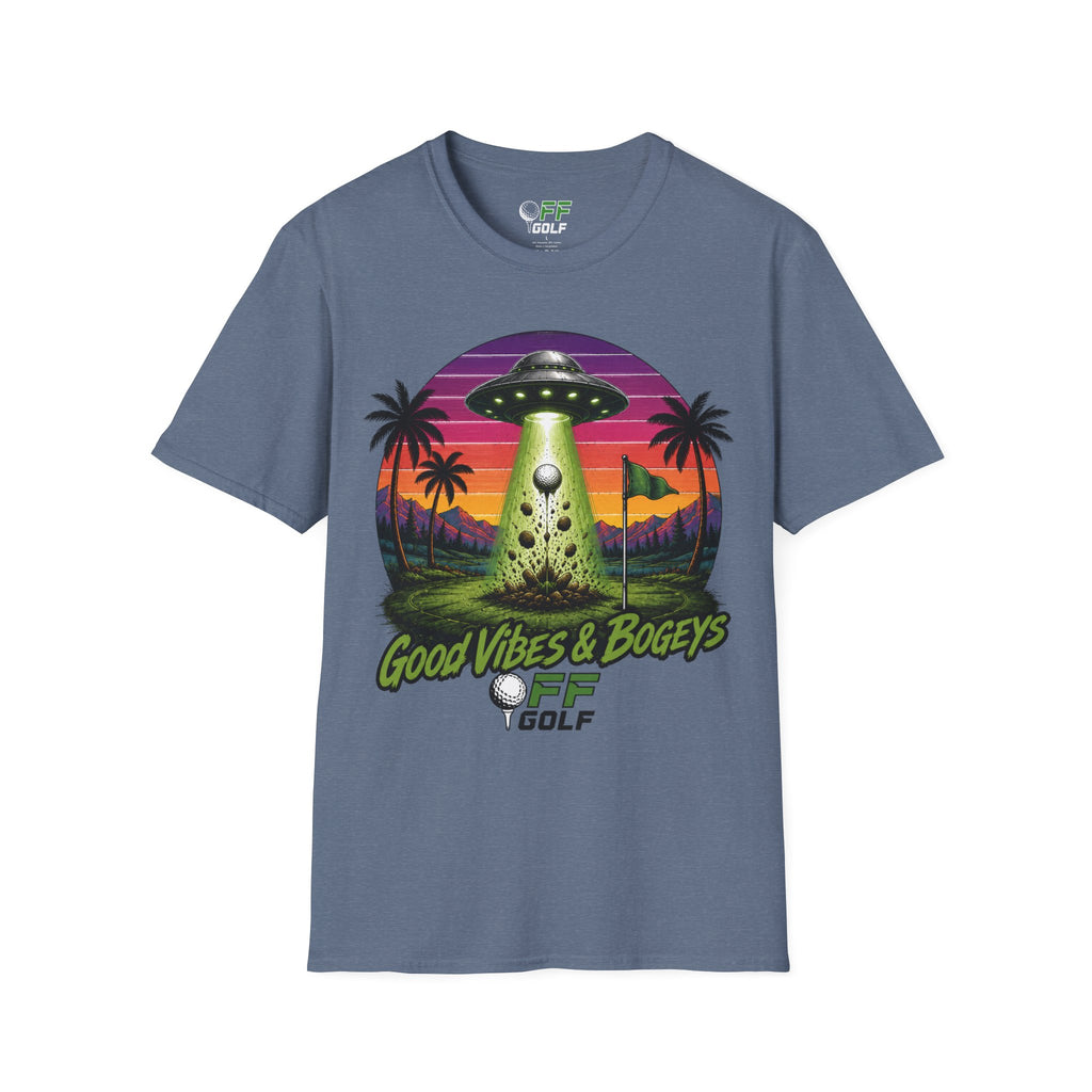 Alien Golf Retro Sunset T-Shirt — "Good Vibes & Bogeys" (16 colors)
