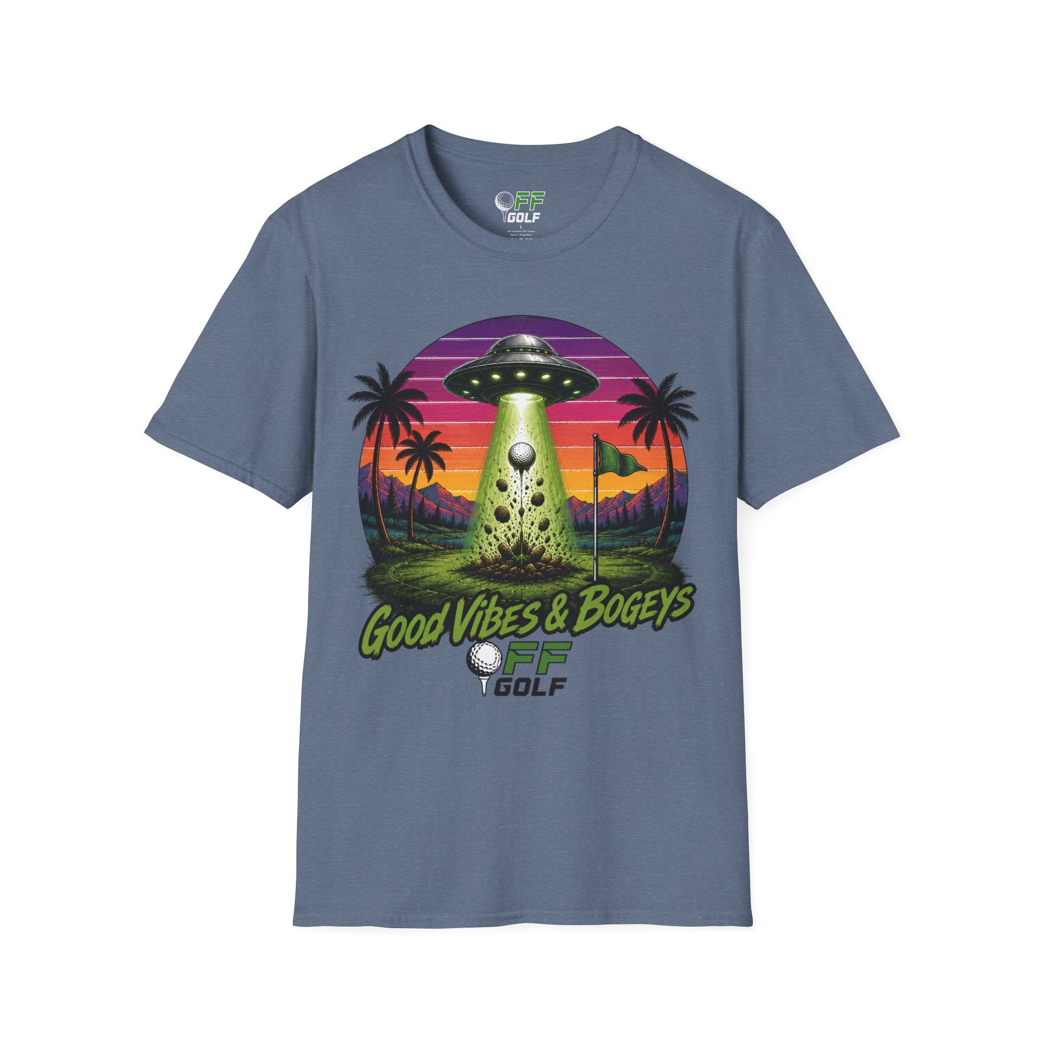 Alien Golf Retro Sunset T-Shirt — "Good Vibes & Bogeys" (16 colors)