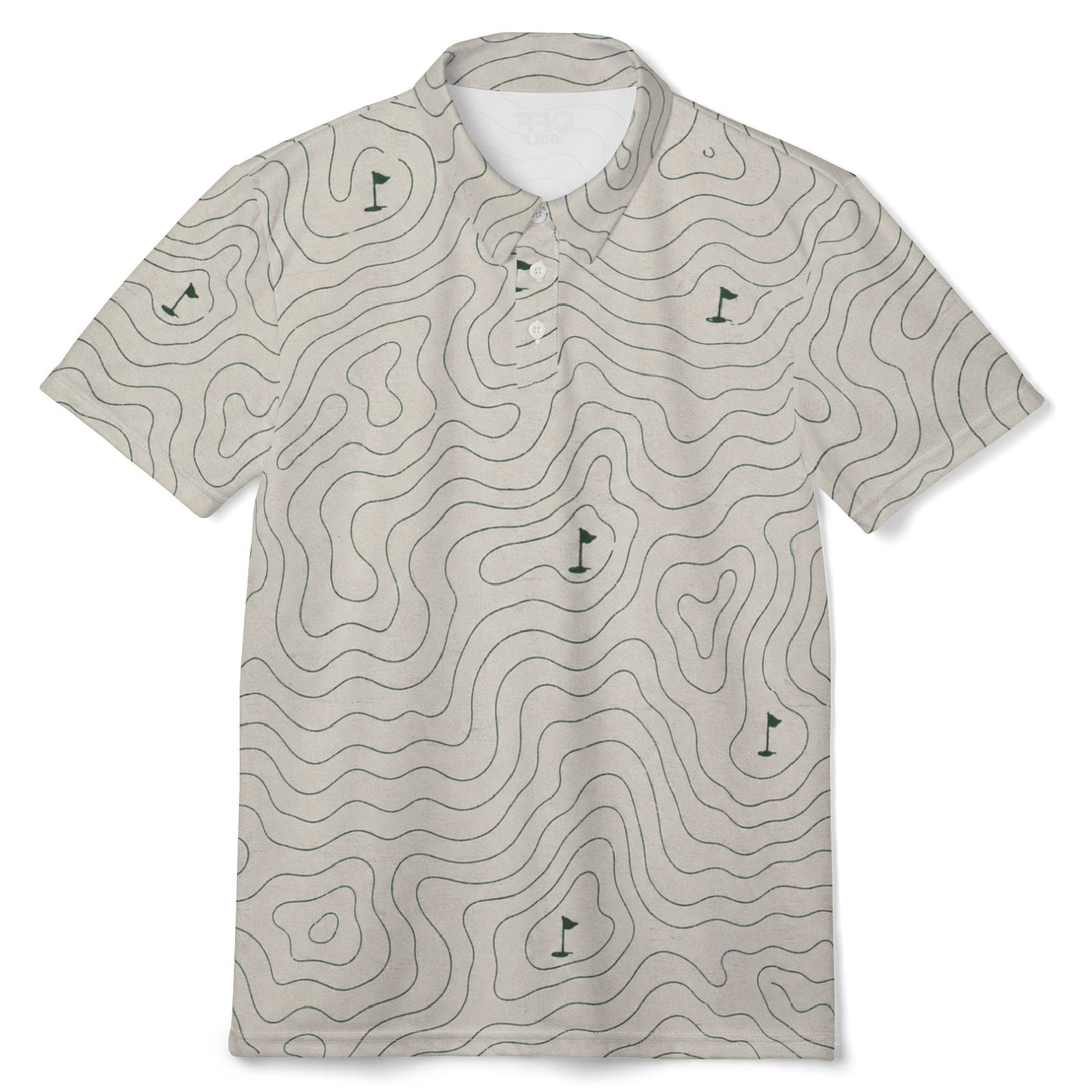 A short-sleeve polo shirt with an all-over topographic contour line pattern in dark gray on a light beige background, featuring small green and black golf flag illustrations scattered across the design.