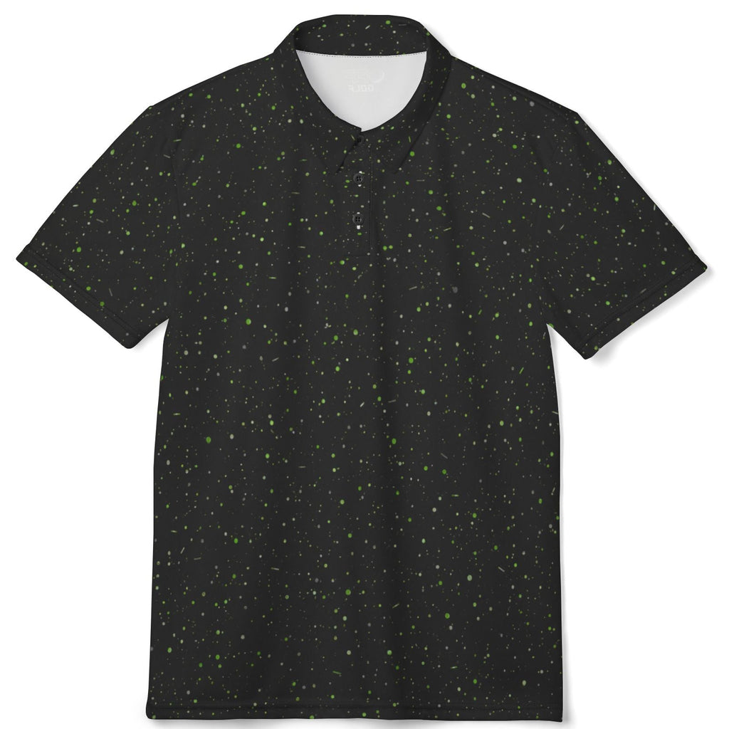Black and white patterned polo shirt on a white background