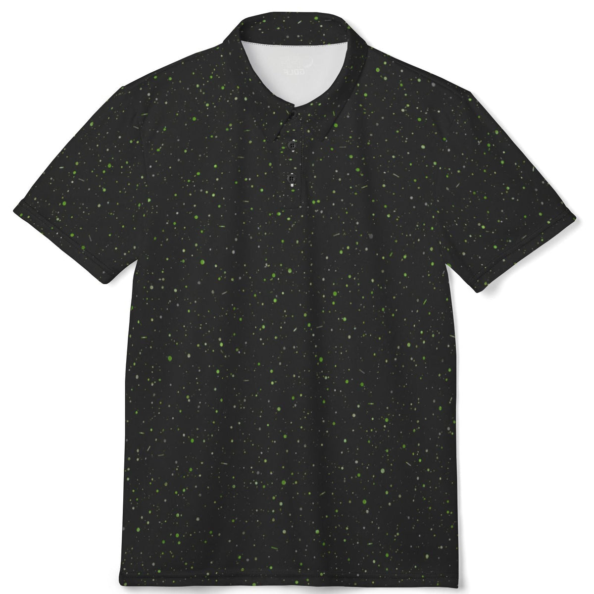 Black and white patterned polo shirt on a white background