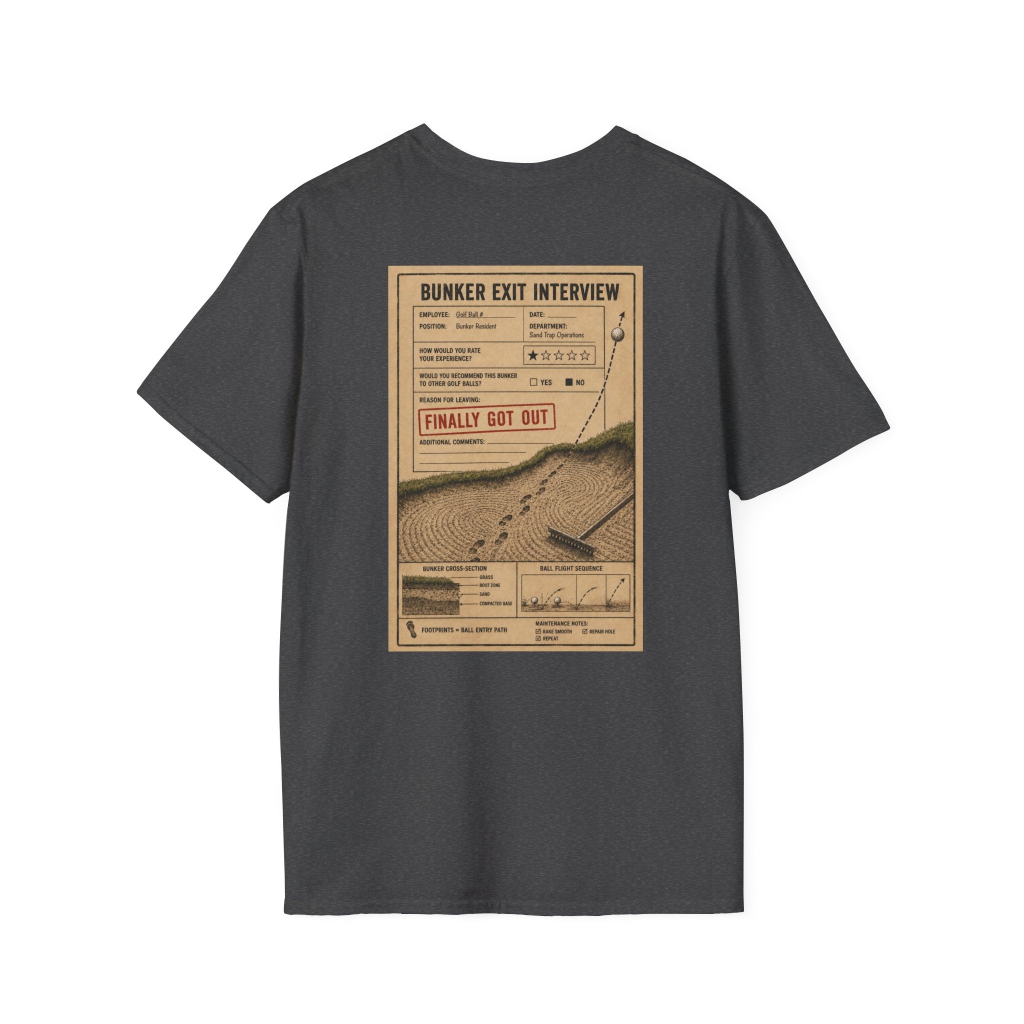 Bunker Exit Interview T-Shirt — Minimal Badge Graphic Tee (16 Colors)
