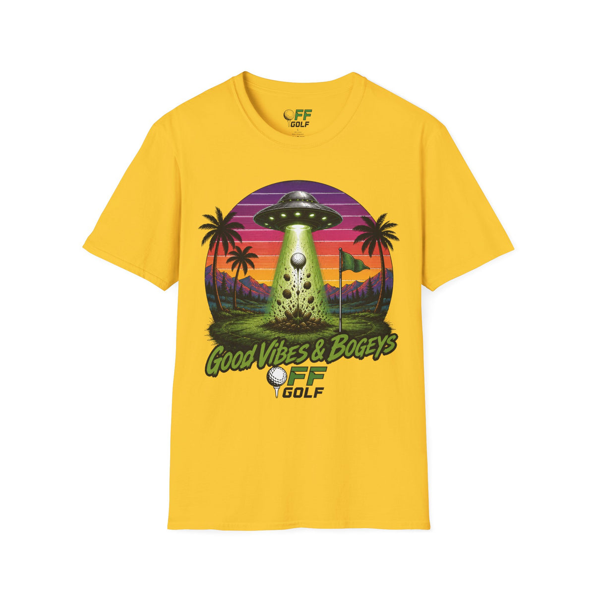 Alien Golf Retro Sunset T-Shirt — "Good Vibes & Bogeys" (16 colors)