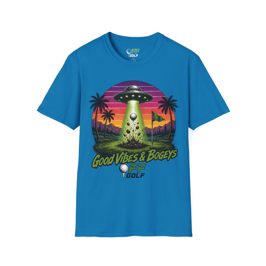 Alien Golf Retro Sunset T-Shirt — "Good Vibes & Bogeys" (16 colors)