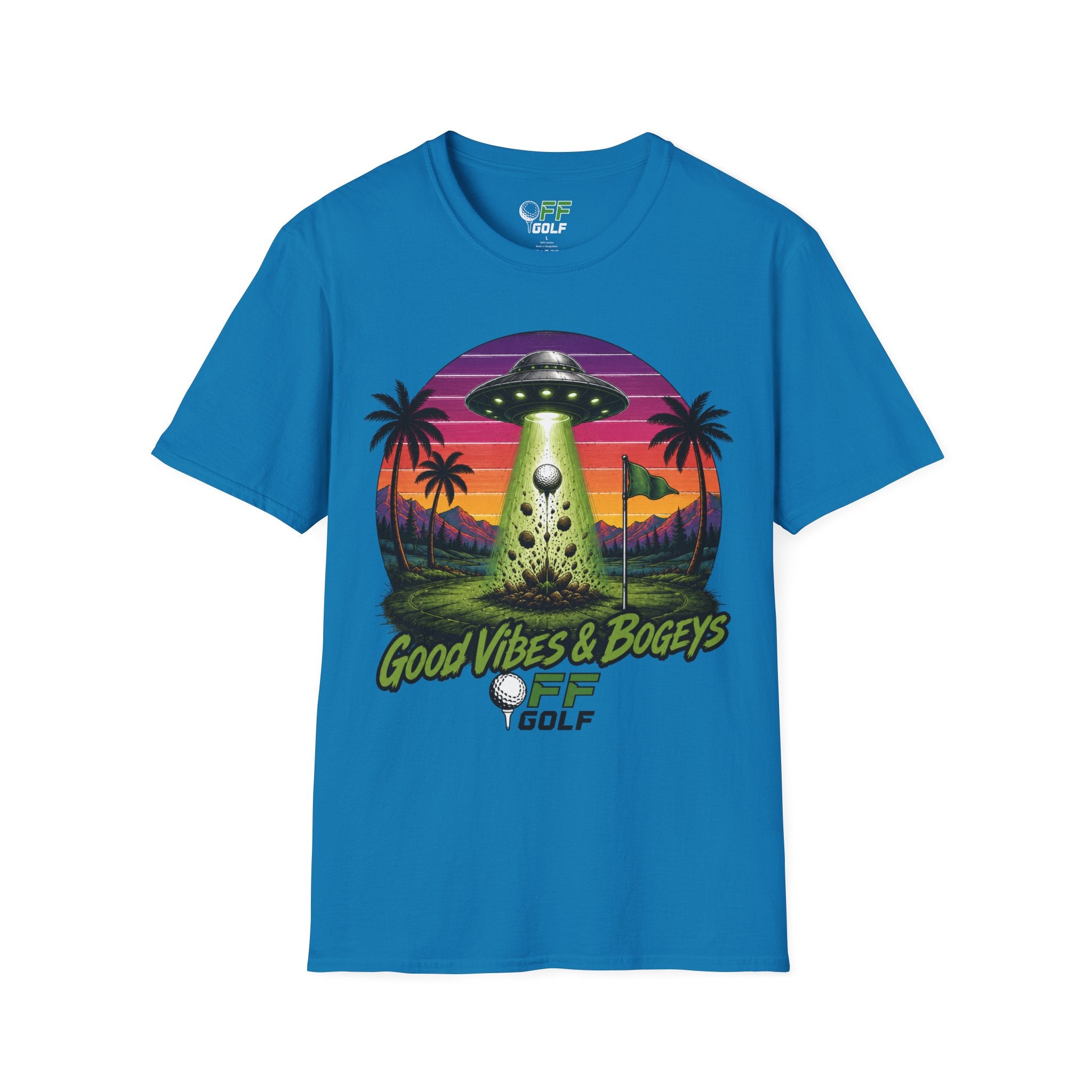 Alien Golf Retro Sunset T-Shirt — "Good Vibes & Bogeys" (16 colors)