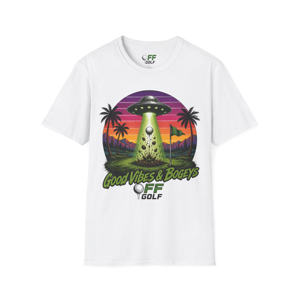 Alien Golf Retro Sunset T-Shirt — "Good Vibes & Bogeys" (16 colors)