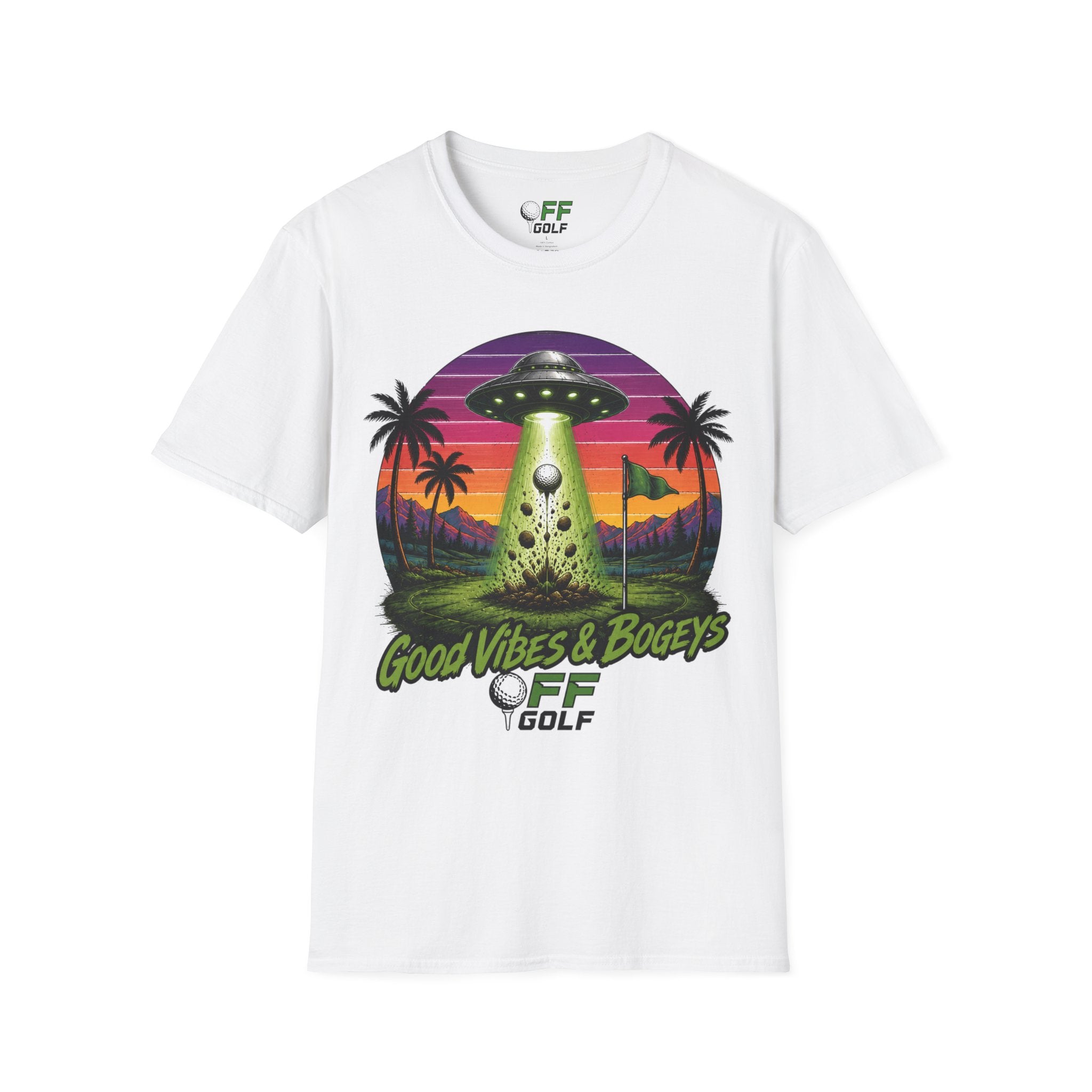 Alien Golf Retro Sunset T-Shirt — "Good Vibes & Bogeys" (16 colors)