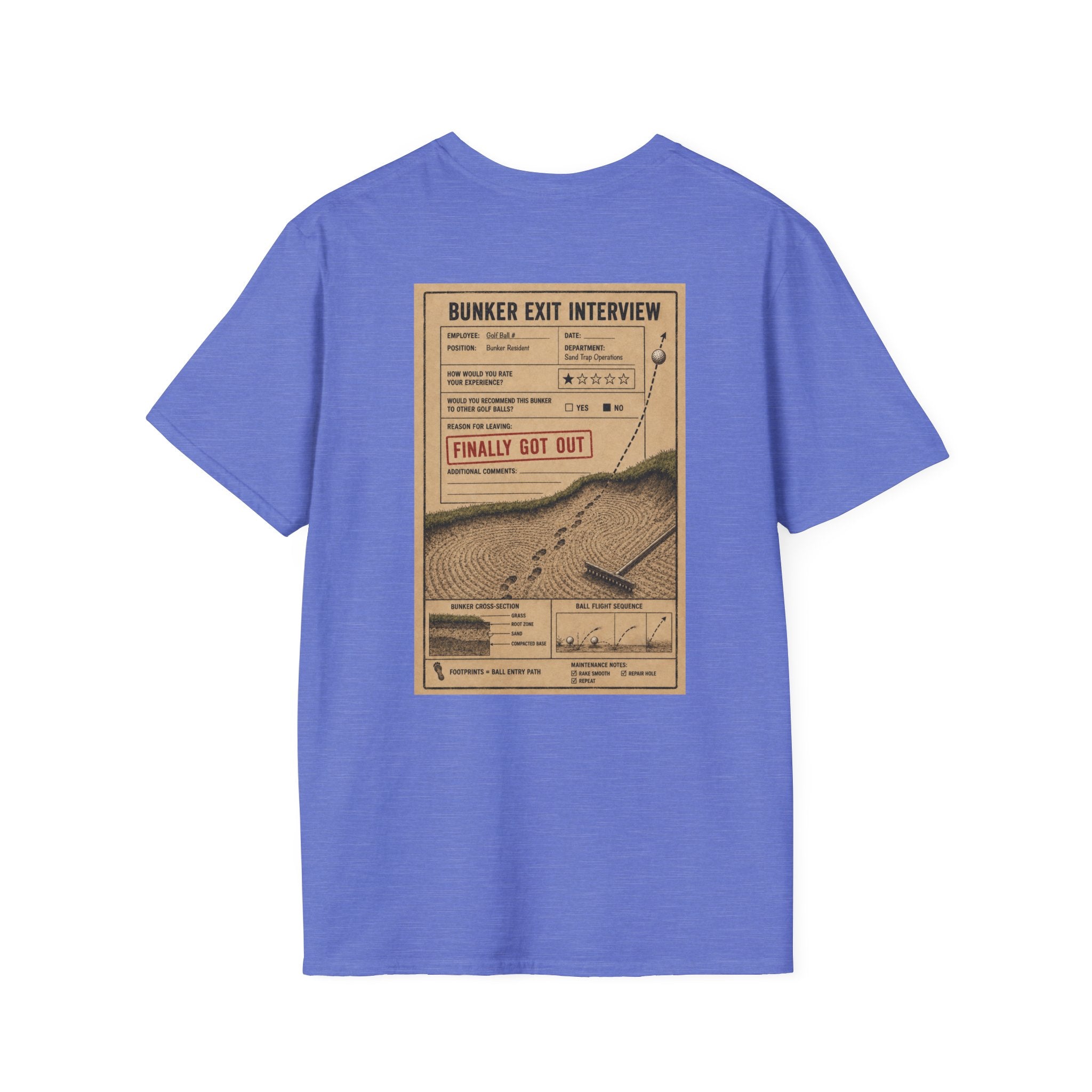 Bunker Exit Interview T-Shirt — Minimal Badge Graphic Tee (16 Colors)