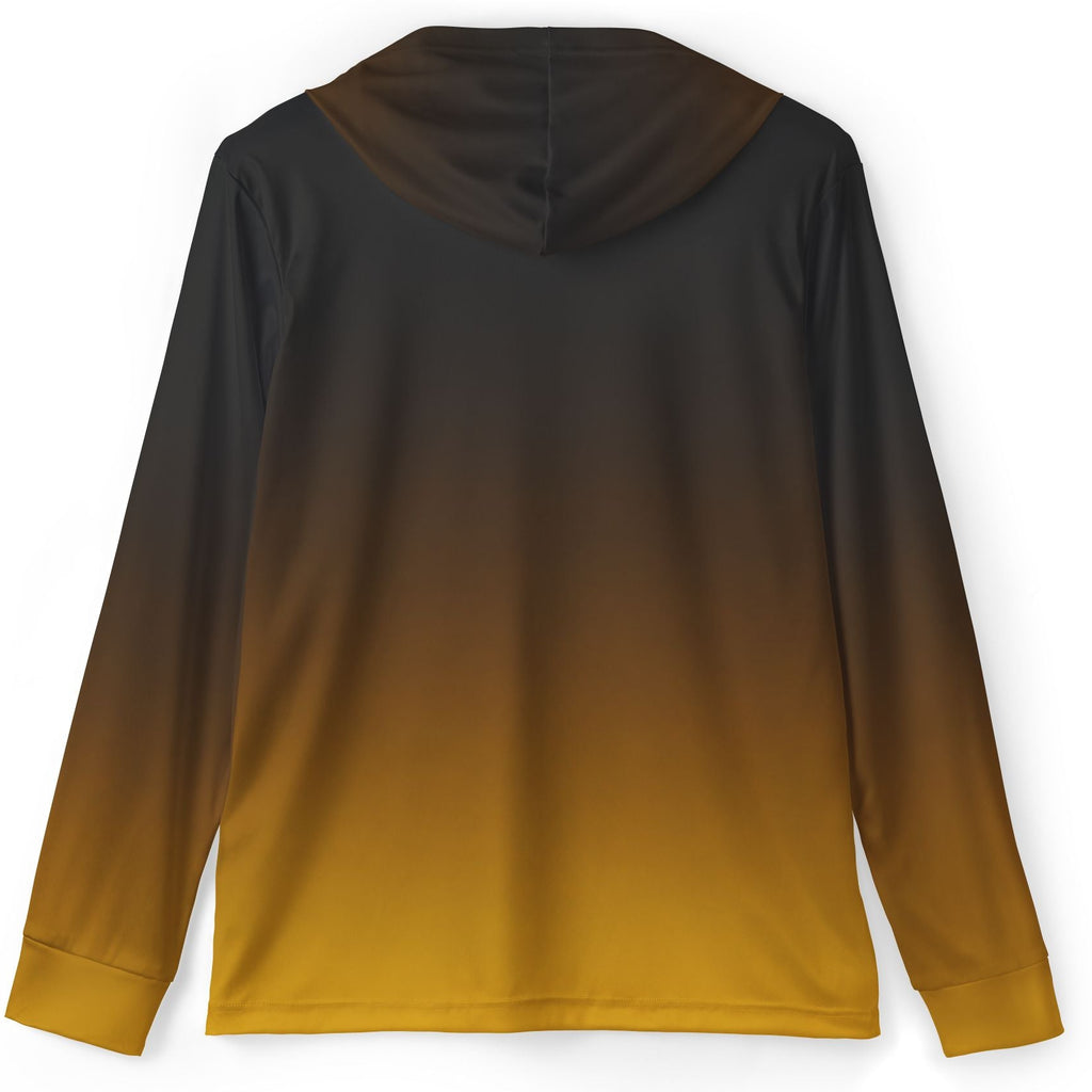 A long-sleeve hooded shirt shown from the back, featuring a smooth color gradient that transitions from black at the top to a warm mustard yellow at the bottom, displayed on a clean white background.