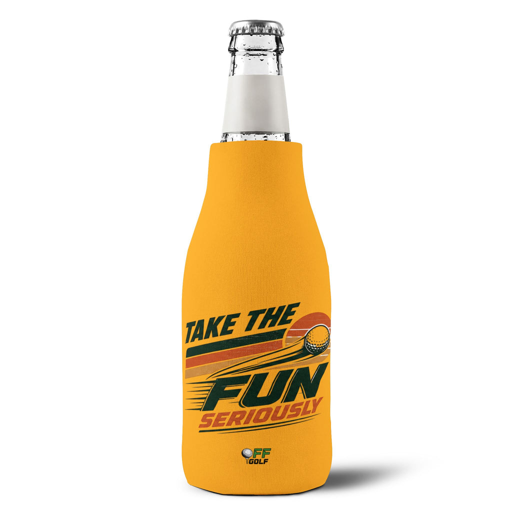 Zip-Up Bottle Cooler Sleeve — "Take the Fun Seriously" Golf Beverage Cooler - Gold