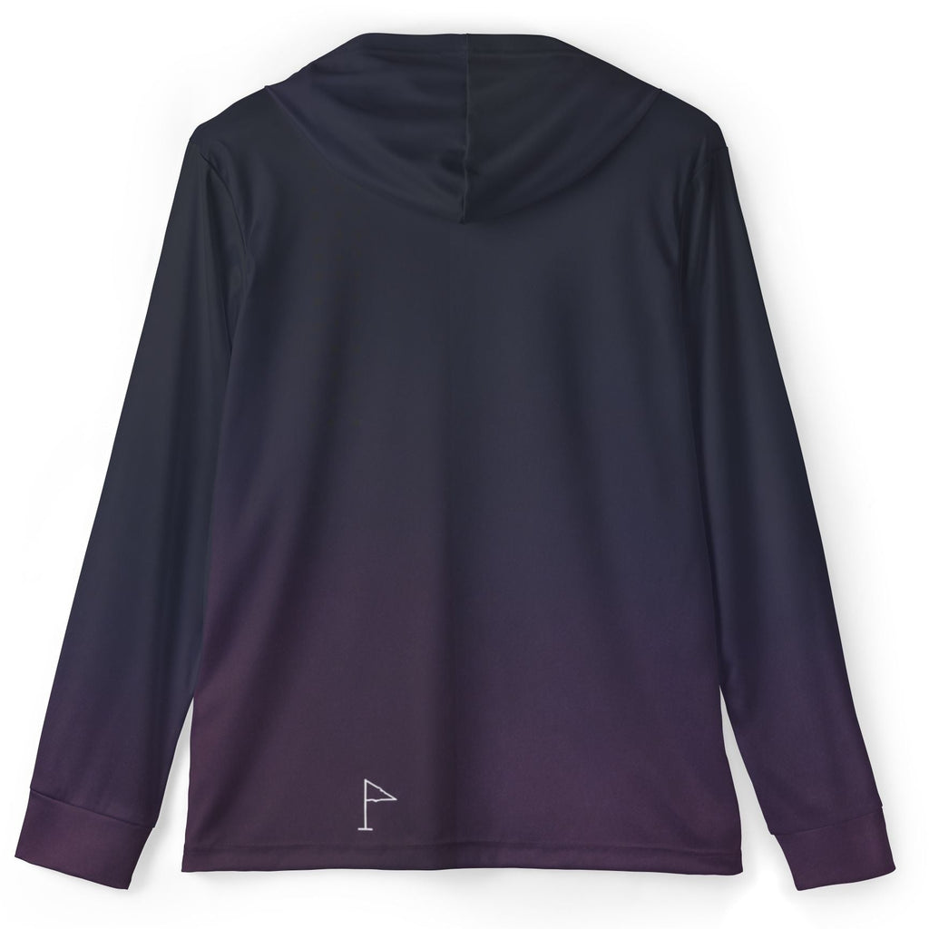 A long-sleeve hooded shirt shown from the back, featuring a dark navy-to-purple ombre gradient and a small white flag logo near the bottom left hem, displayed on a clean white background.