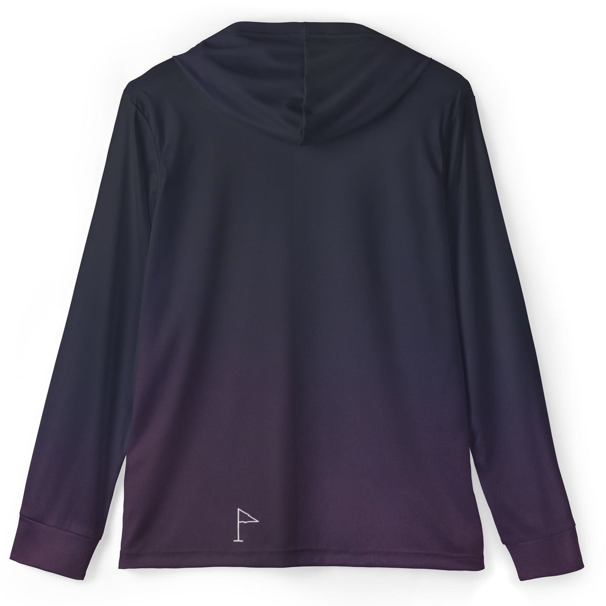 A long-sleeve hooded shirt shown from the back, featuring a dark navy-to-purple ombre gradient and a small white flag logo near the bottom left hem, displayed on a clean white background.