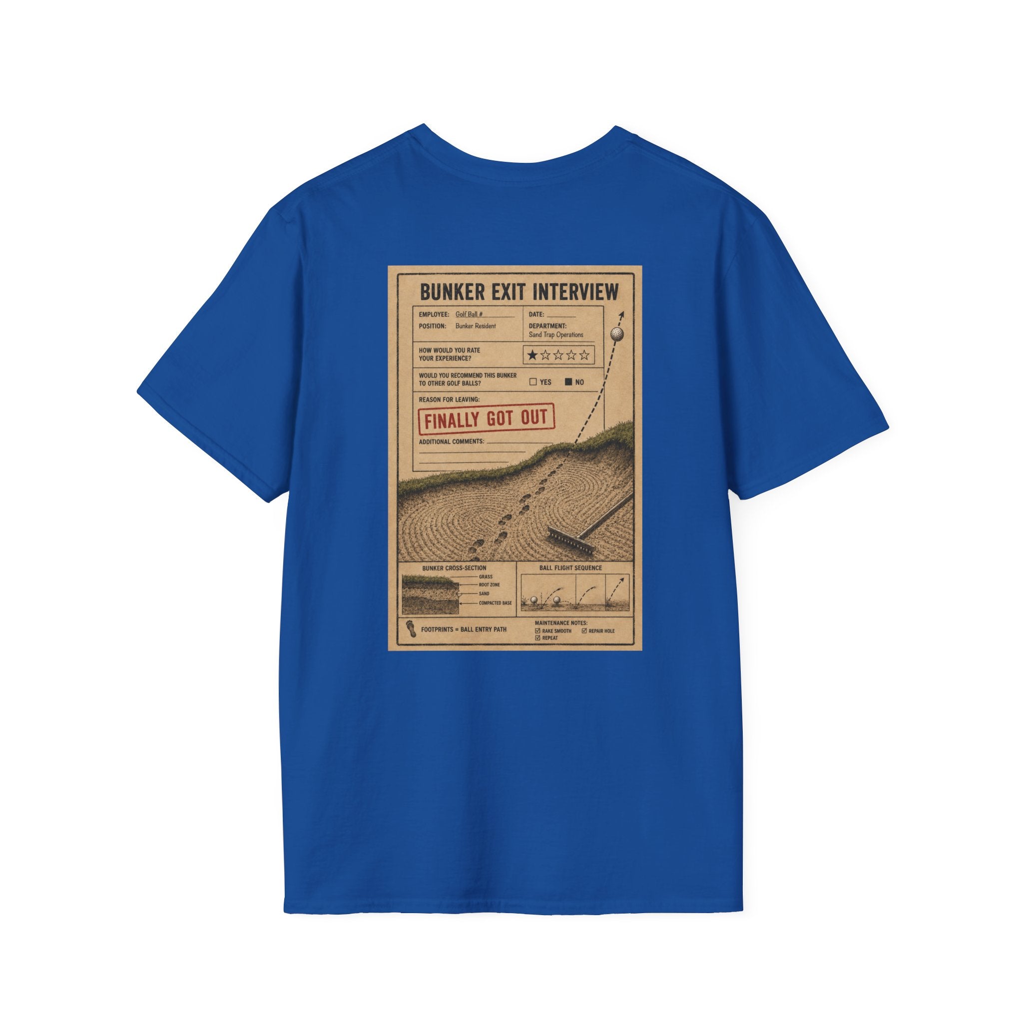 Bunker Exit Interview T-Shirt — Minimal Badge Graphic Tee (16 Colors)
