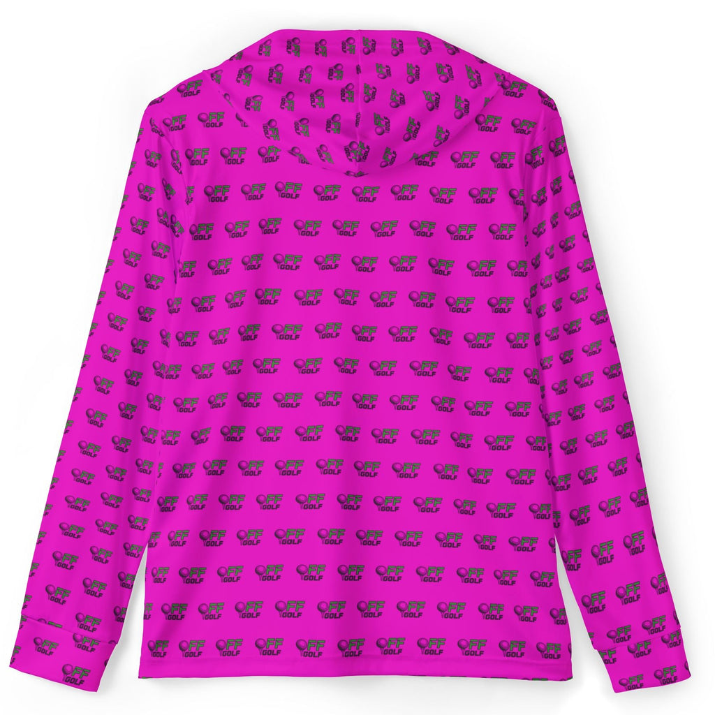 A bright pink long-sleeve hooded sweatshirt with an all-over repeating pattern of small dark gray whale silhouettes, shown flat against a white background.
